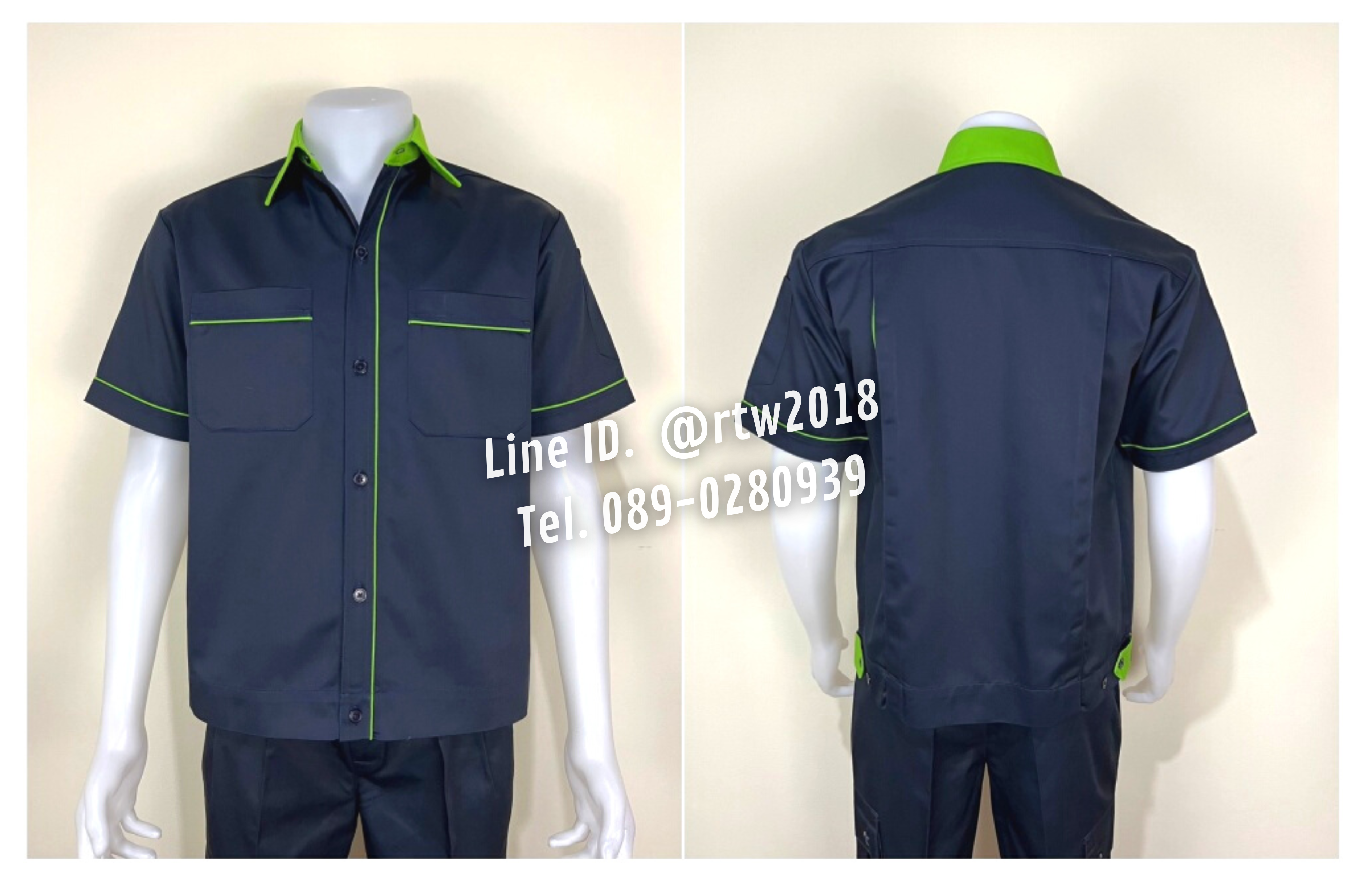 รหัส A6.5 : เสื้อช่างแขนสั้นผ้าคอมทวิวสีกรมท่ากุ้นเขียวอ่อน