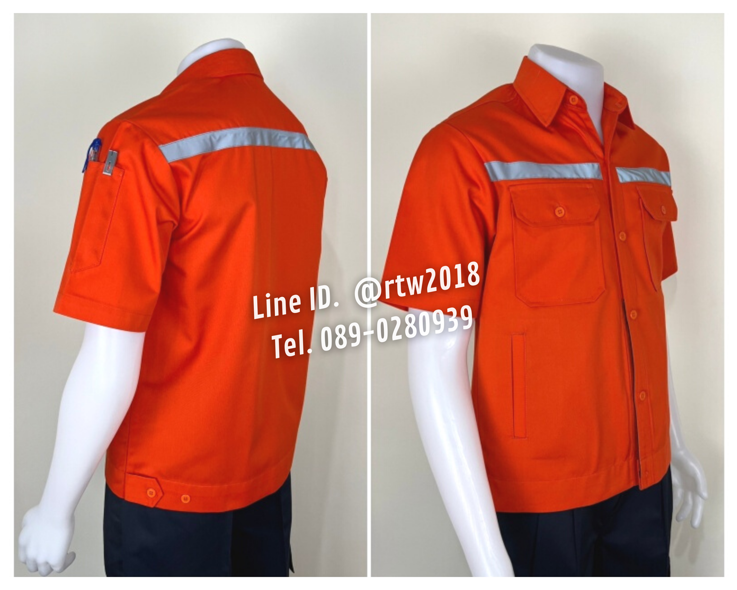 รหัส A4.4 : เสื้อช่างแขนสั้นผ้าคอมทวิวสี่กระเป๋าสีส้มล้วน (ติดสะท้อนแสง)