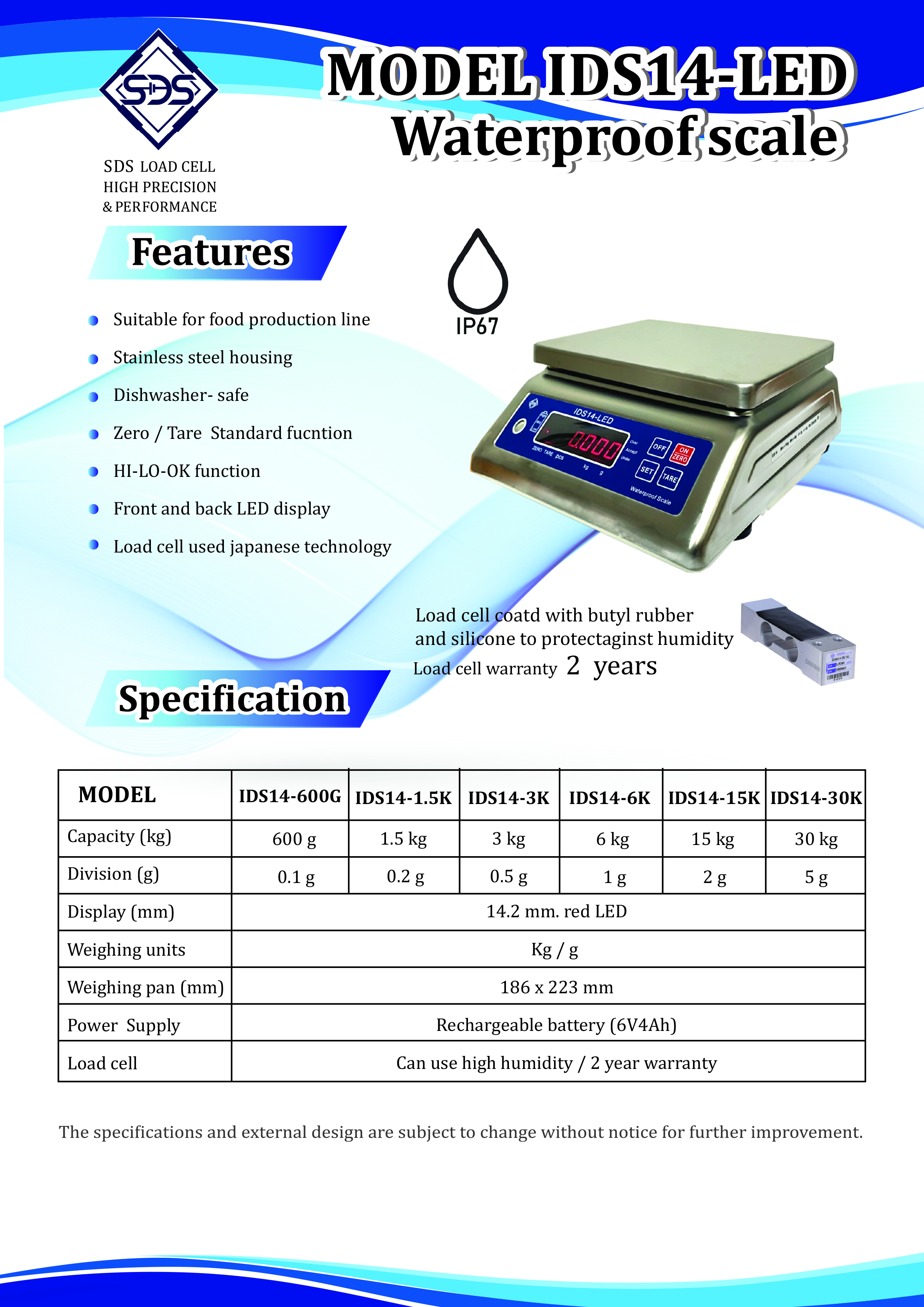 SDS เครื่องชั่งกันน้ำตั้งโต๊ะ IDS14-LED | จอ LED สแตนเลส IDS-14