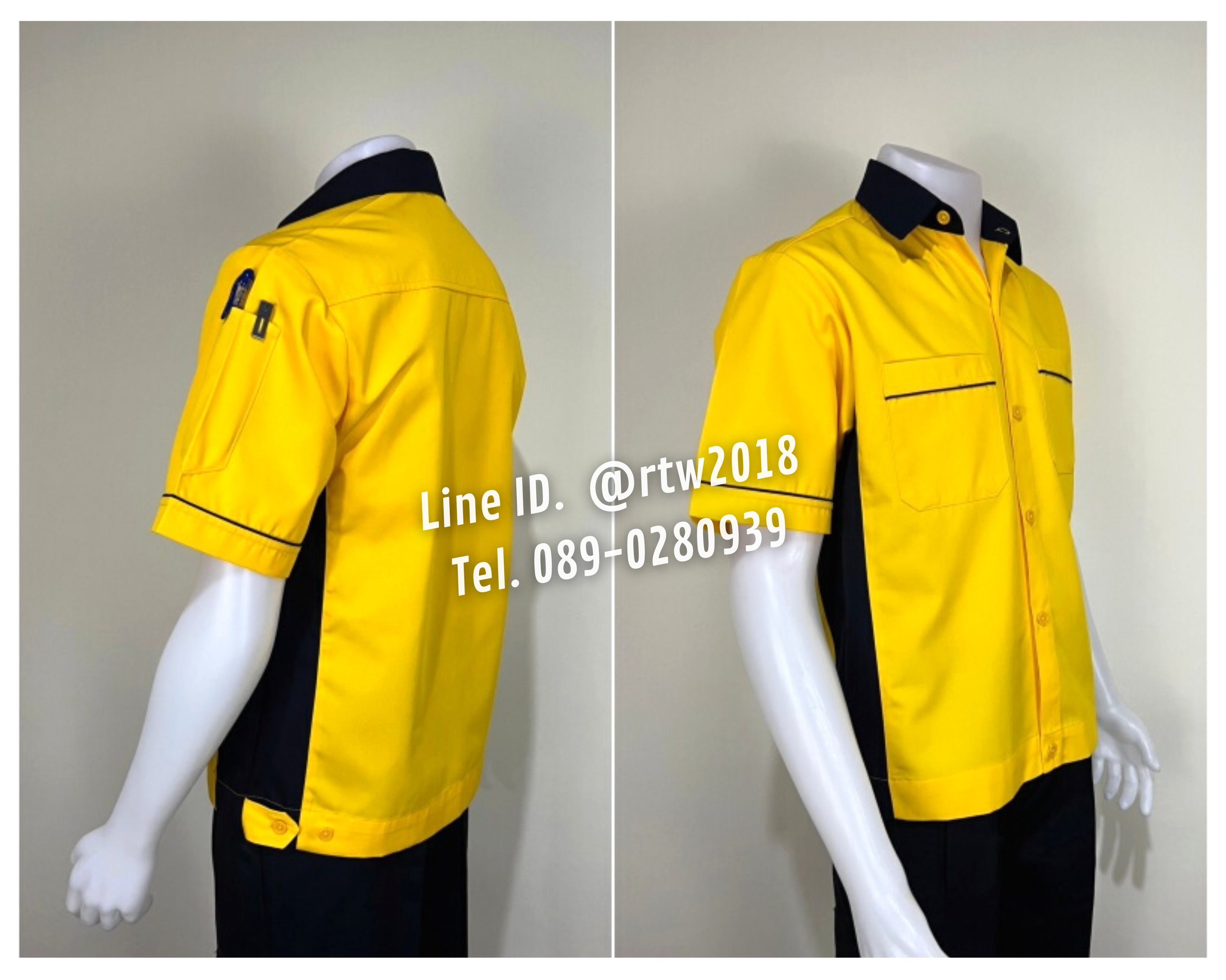 รหัส A14.2 : เสื้อช่างแขนสั้นผ้าคอมทวิวสีเหลืองข้างกรมท่า