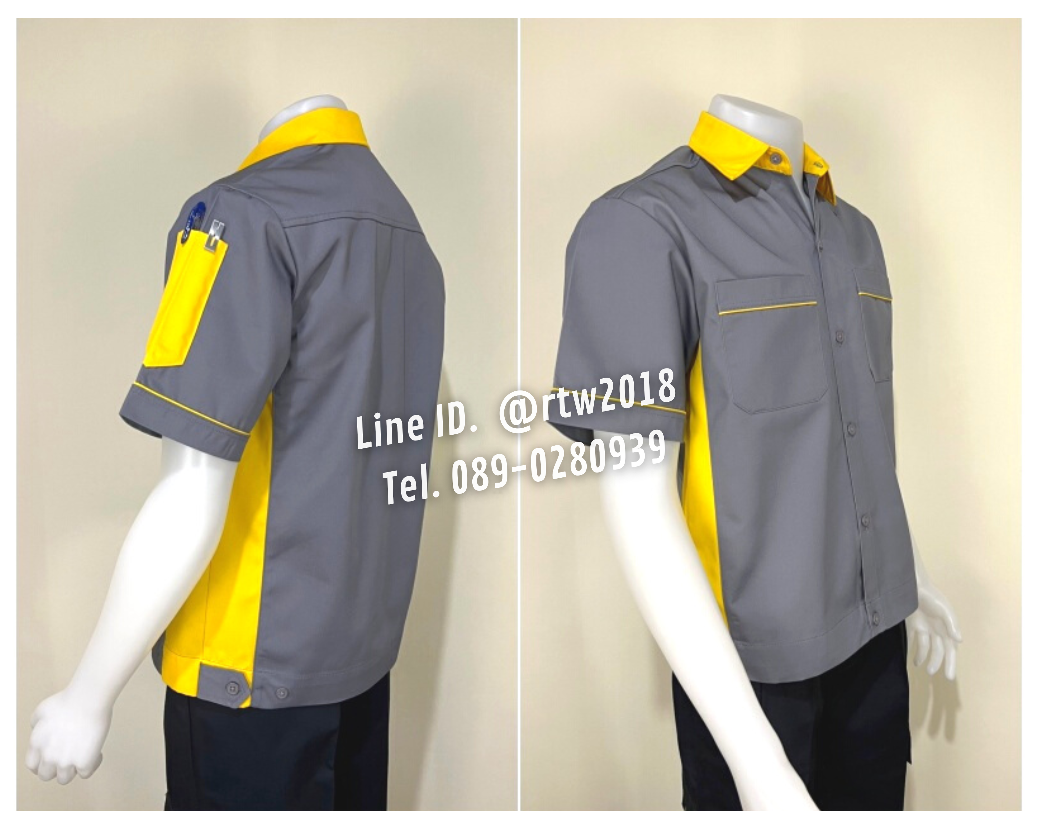 รหัส A11.9 : เสื้อช่างแขนสั้นผ้าคอมทวิวสีเทาข้างเหลือง