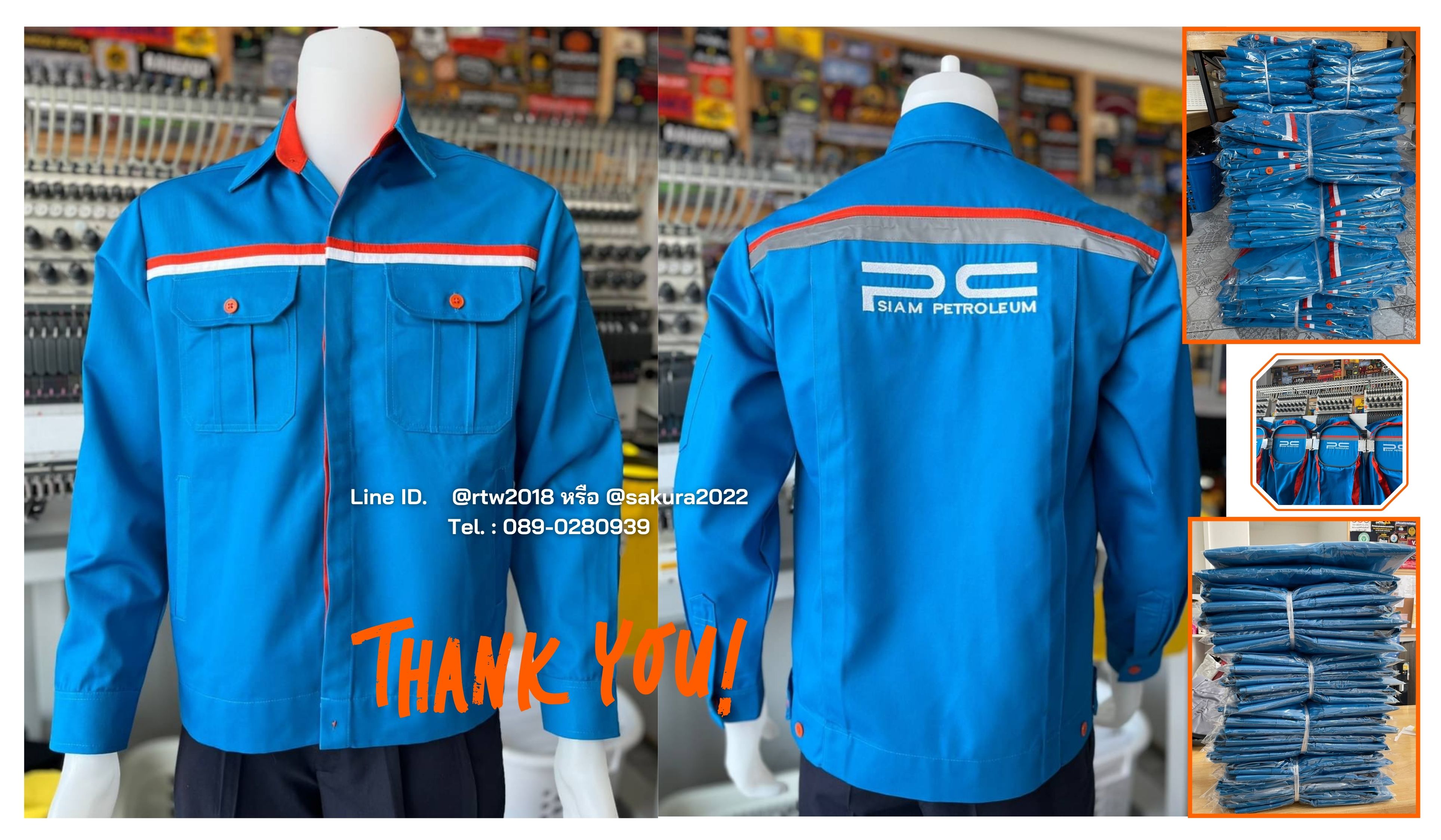 รหัส AB5 : เสื้อช่างแขนยาวผ้าคอมทวิวสีกรมท่าแต่งส้มคาดอกขาว 4 กระเป๋า (ซ่อนสาบ)