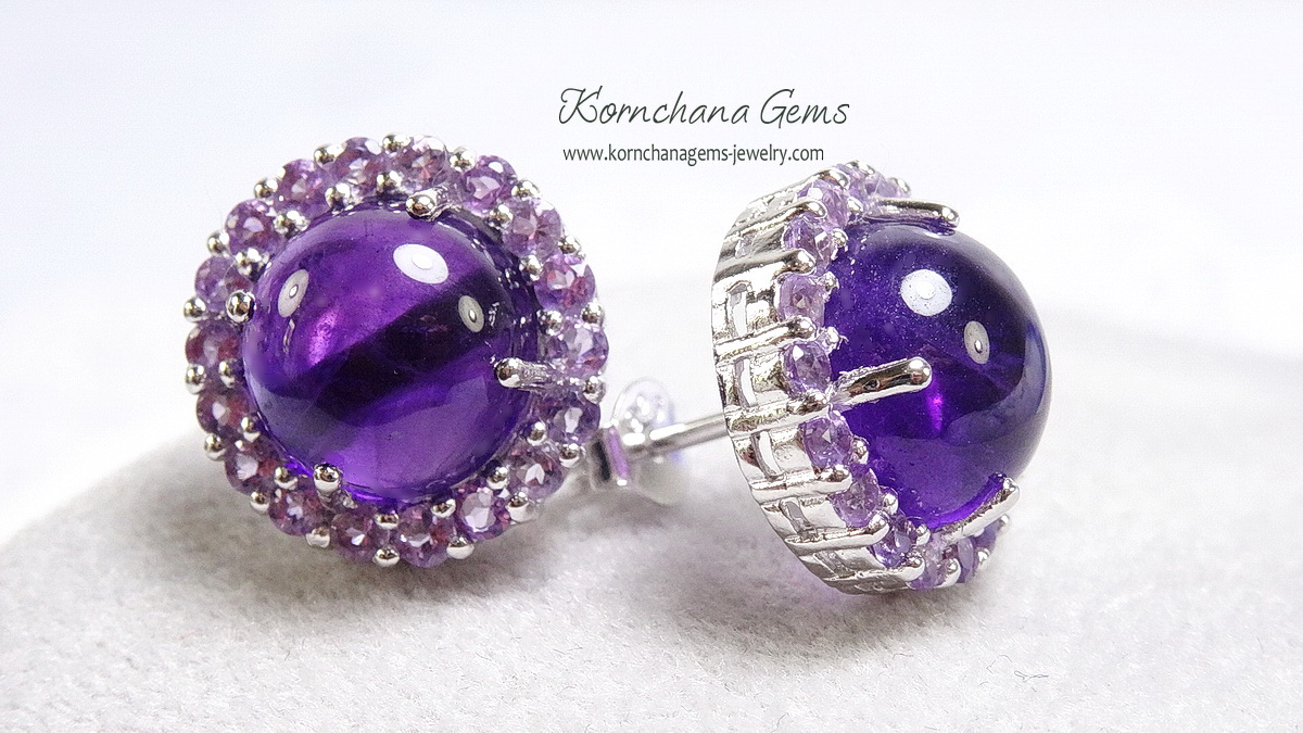 ต่างหูคนเกิดวันเสาร์ ต่างหูพลอย amethyst หลังเบี้ยสีม่วงสดล้อมอเมทิสท์สีม่วงอ่อน ตัวเรือนเงินแท้ ชิ้นงานคุณภาพ ประณีตสุดๆ ไม่พอใจยินดีคืนเงิน