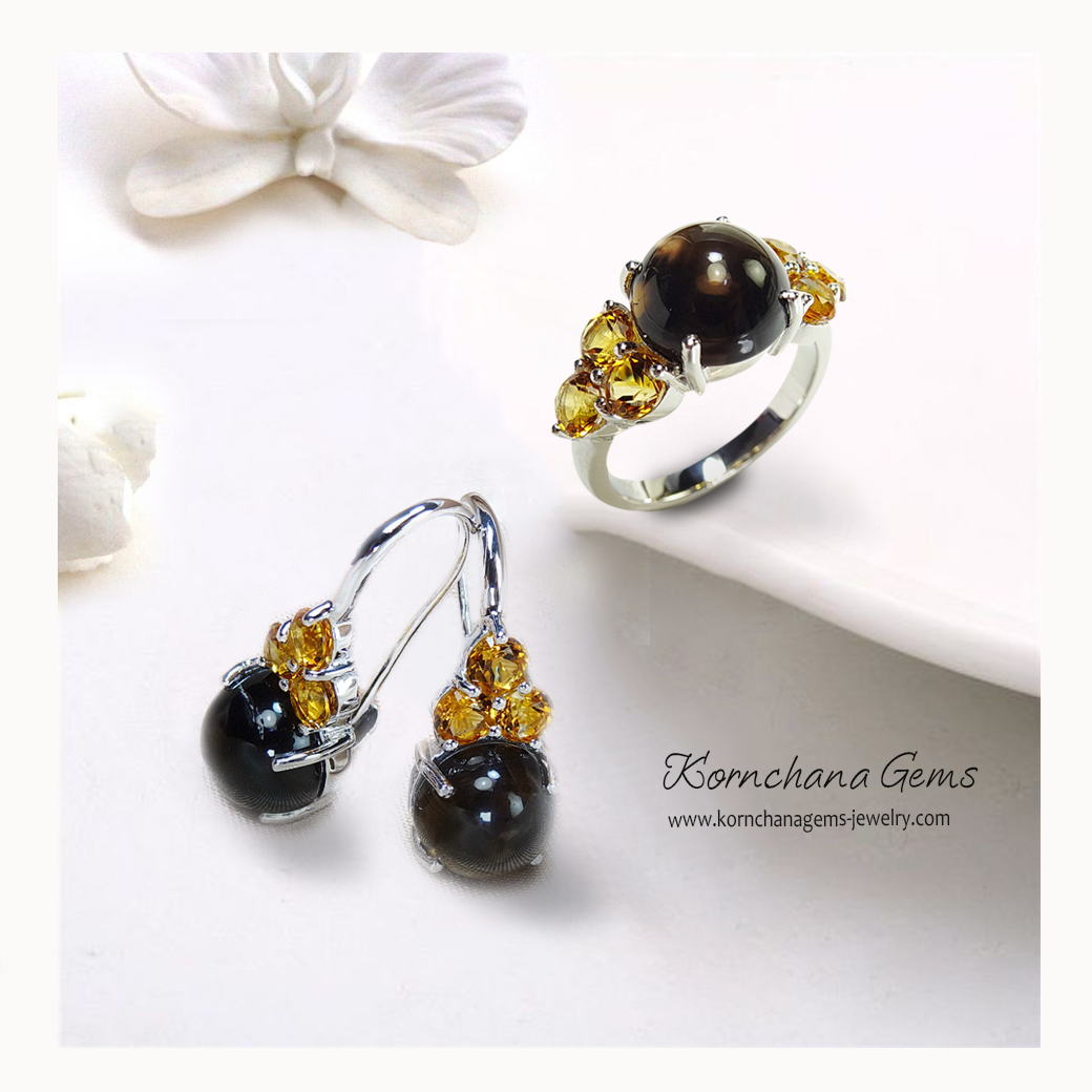 เซ็ทแหวนและต่างหูพลอยสีน้ำตาล Smoky Quartz อัญมณีประจำราศีตุลย์ในโทนสีน้ำตาล แมทซ์กับสีเหลืองสดใสของซิทริน citrin ที่บ่าข้าง สวยเคร่งขรึม เรียบหรูลงตัว