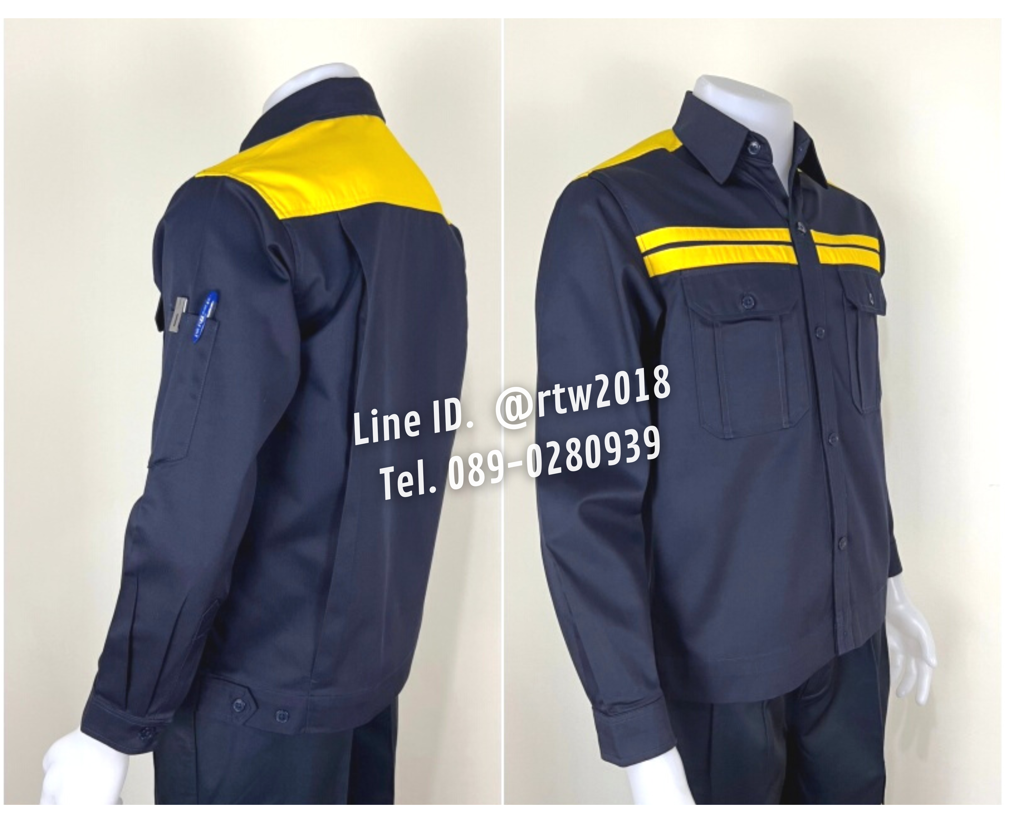 รหัส AB8.1 : เสื้อช่างแขนยาวผ้าคอมทวิวสีกรมท่าคาดอกเหลืองคู่