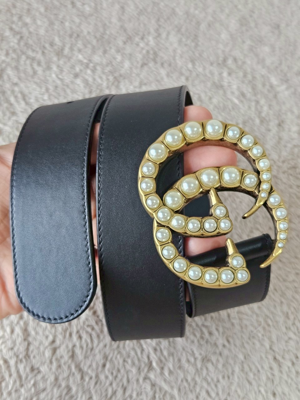 Gucci 453260 GG Marmont Wide Belt with Pearls Buckle