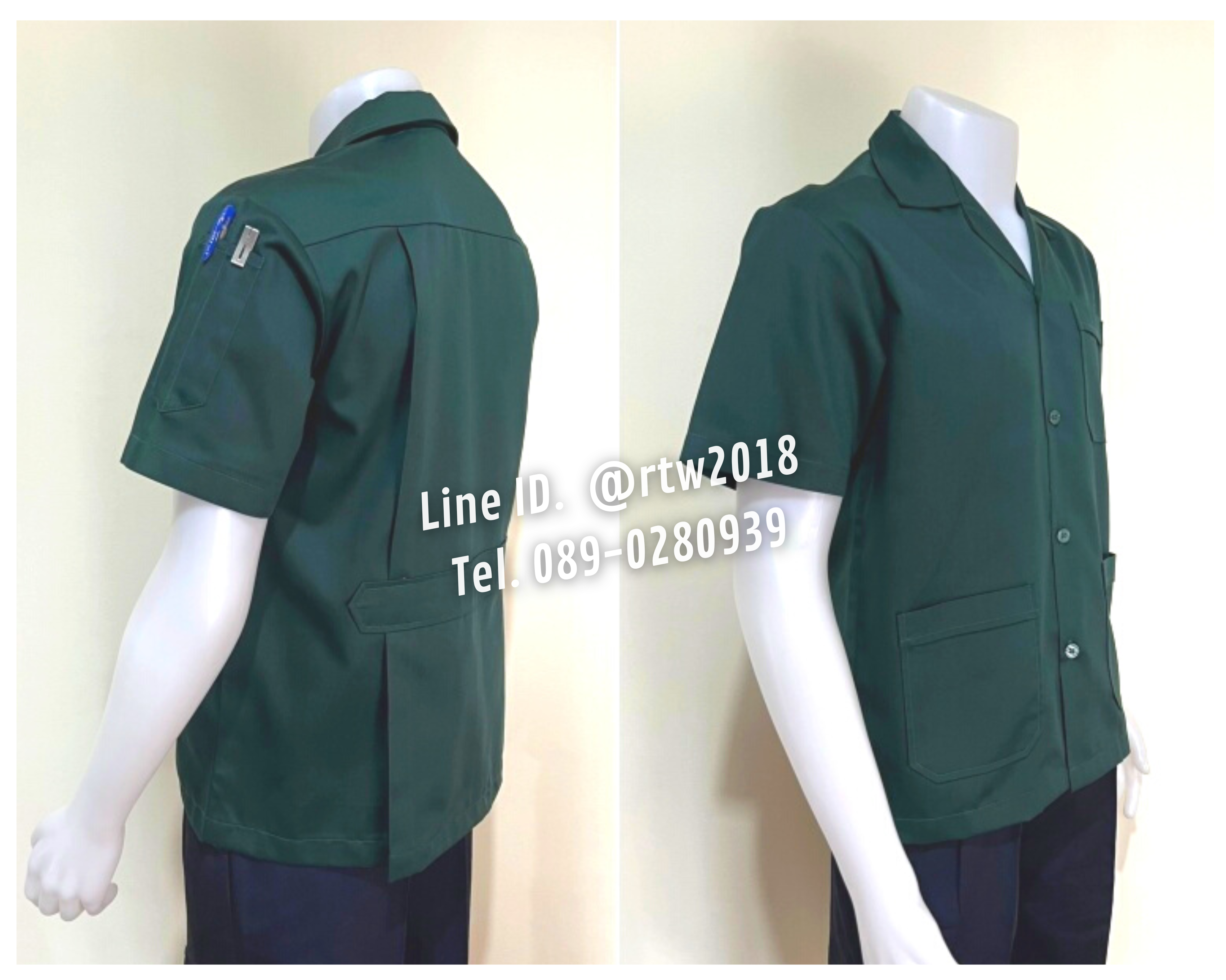 รหัส A1.5 : เสื้อช่างแขนสั้นผ้าคอมทวิวสามกระเป๋าสีเขียวแก่ล้วน