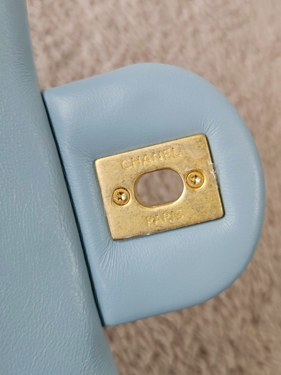 Chanel 22P Seasonal Mini Square Flap Bag Lambskin Light Blue And Enamel With Gold Hardware Metalplate