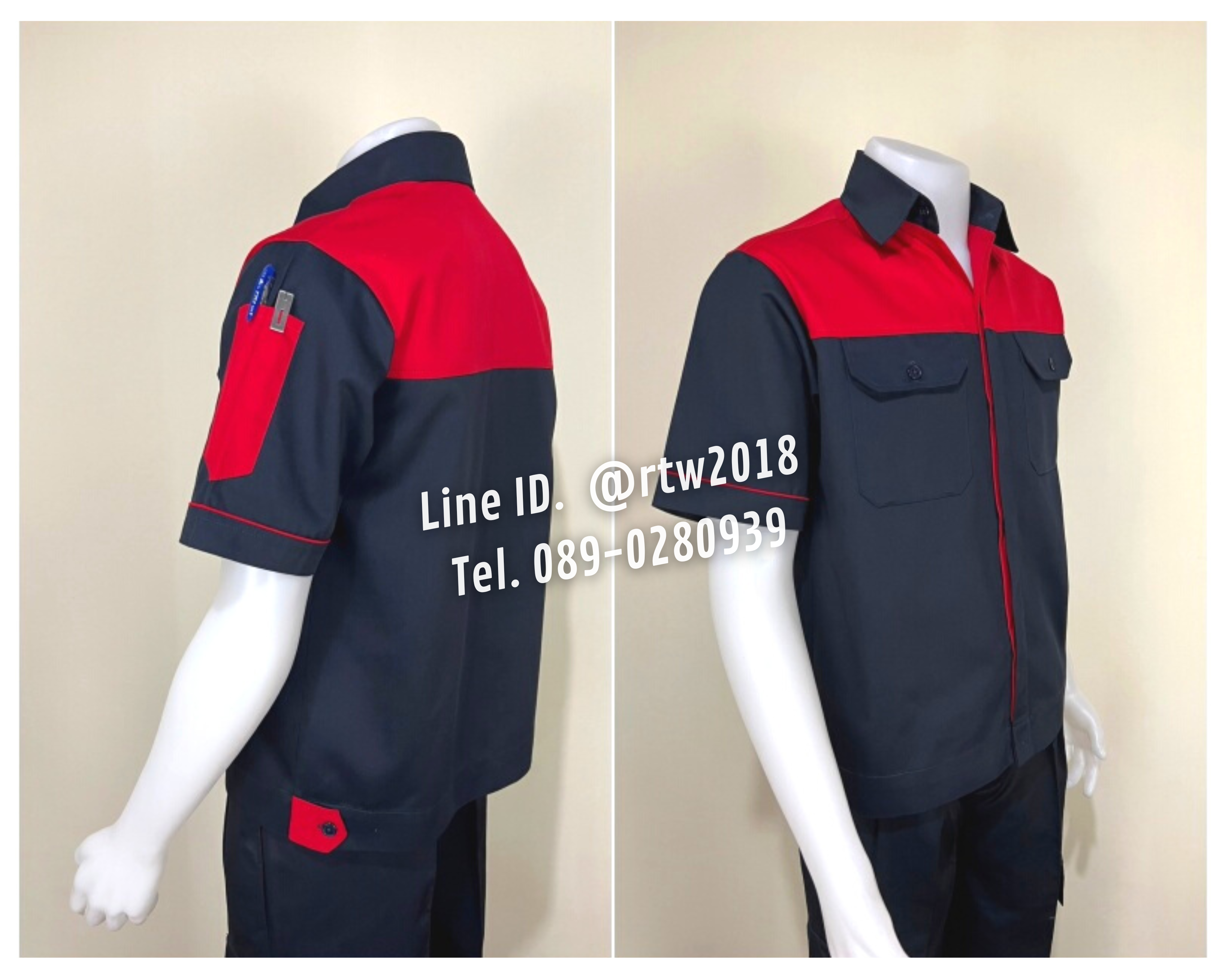 รหัส A9.6 : เสื้อช่างแขนสั้นผ้าคอมทวิวกรมท่าอกแดง (ซ่อนสาบ)