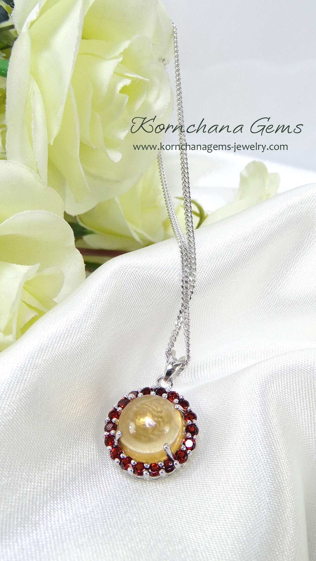 สร้อยพร้อมจี้พลอยแท้ พลอยซิทรินสีเหลืองล้อมพลอยสีน้ำตาลแดง พลอยสีเหลืองสำหรับคนเกิดวันจันทร์ อัญมณีประจำวันวันจันทร์ พร้อมสร้อยเงินแท้