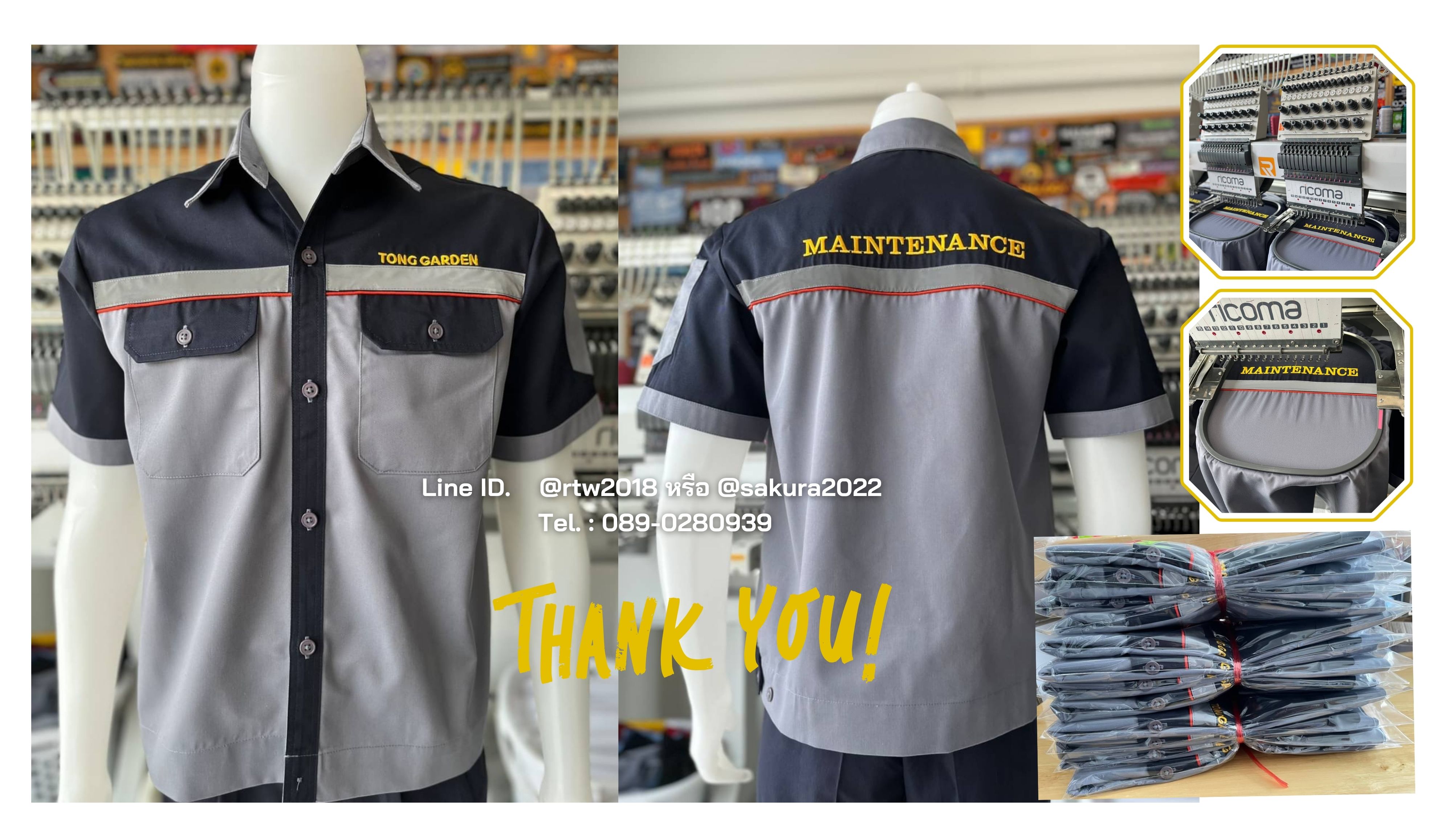 รหัส A29.1 : เสื้อช่างแขนสั้นผ้าคอมทวิวสีเทาอก+แขนกรมท่า (กุ้นส้ม)