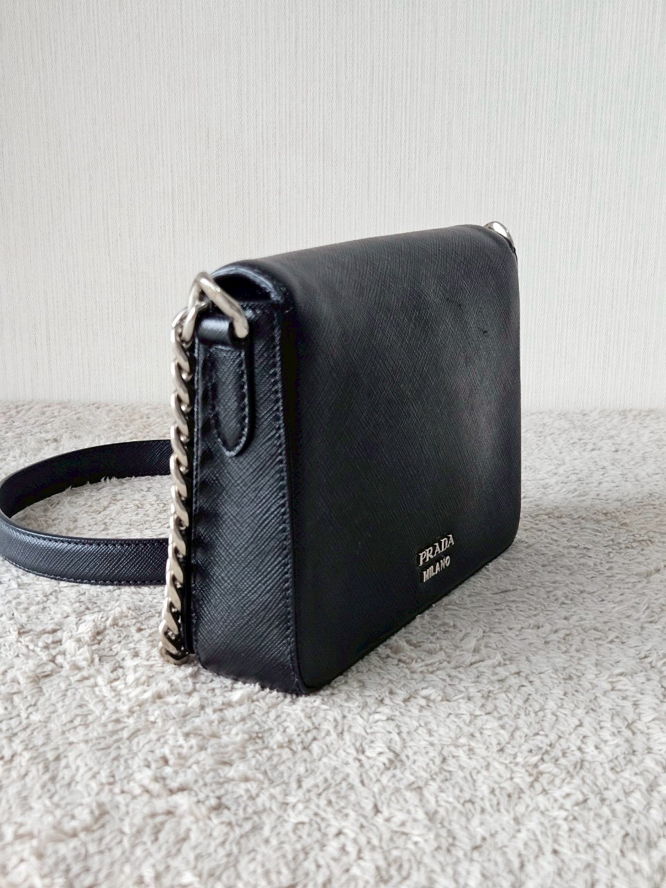 Prada 1BH014 Black Saffiano Leather Chain Shoulder Bag