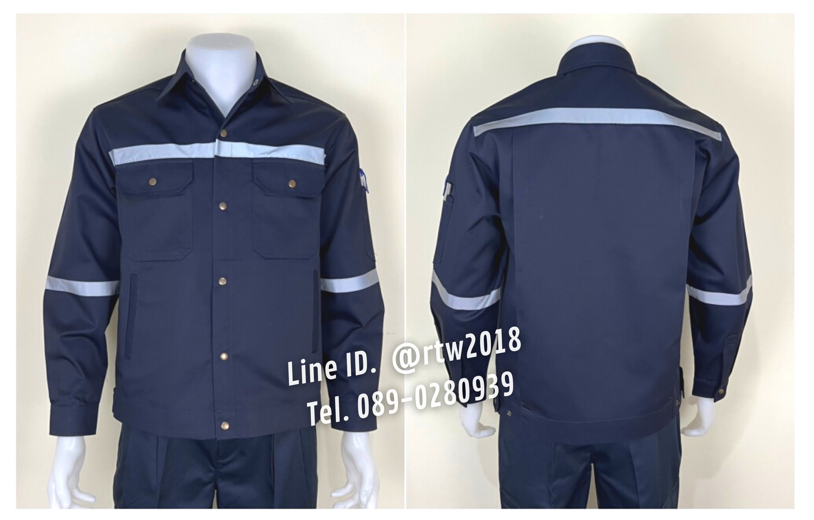 รหัส AB12.1 : เสื้อช่างแจ็คเก็ตแขนยาวผ้าคอมทวิวสีกรมท่า 4 กระเป๋า (ติดสะท้อนแสง)
