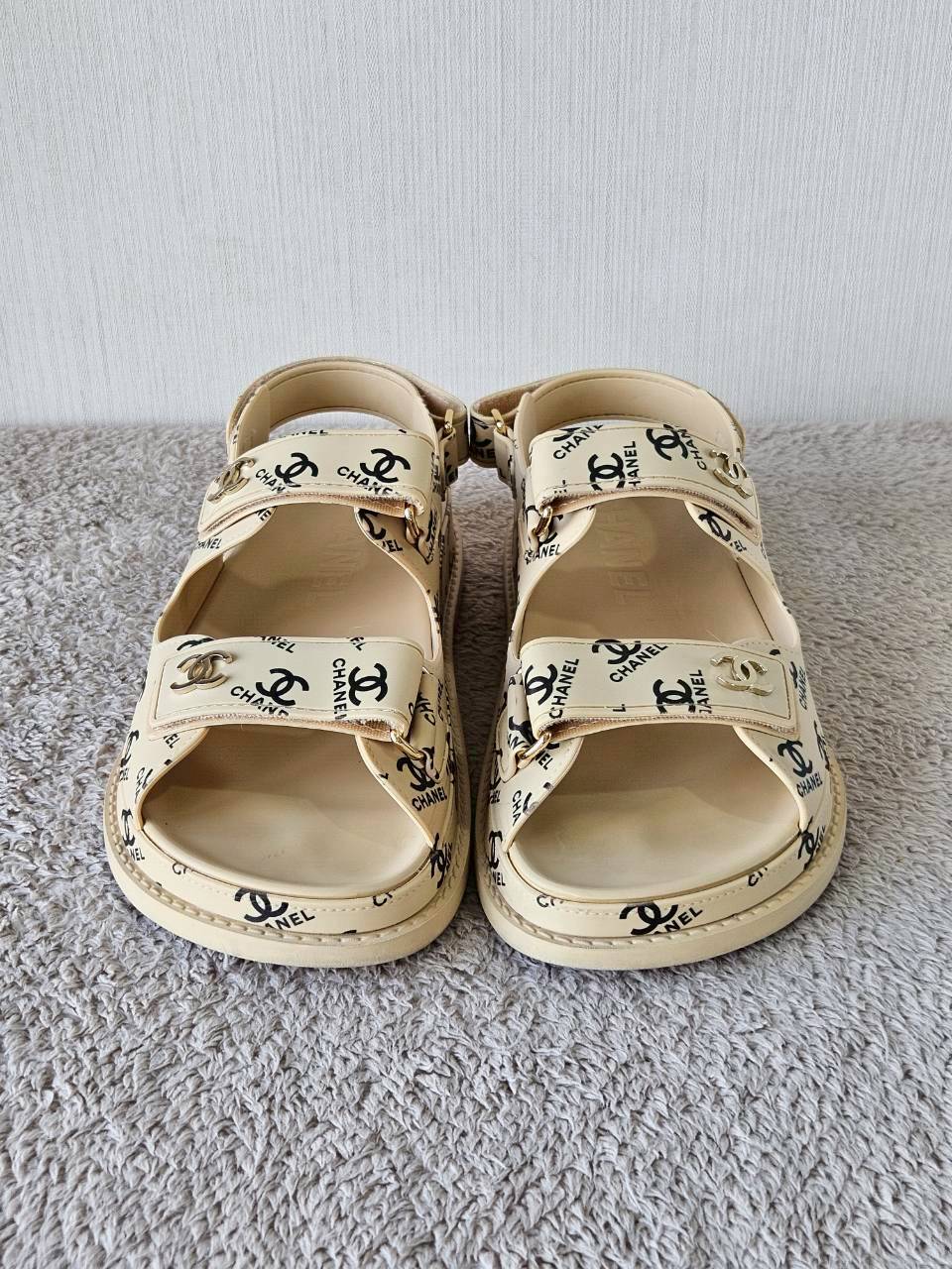 Chanel CC Dad Sandals In Rubber with God Hardware Beige