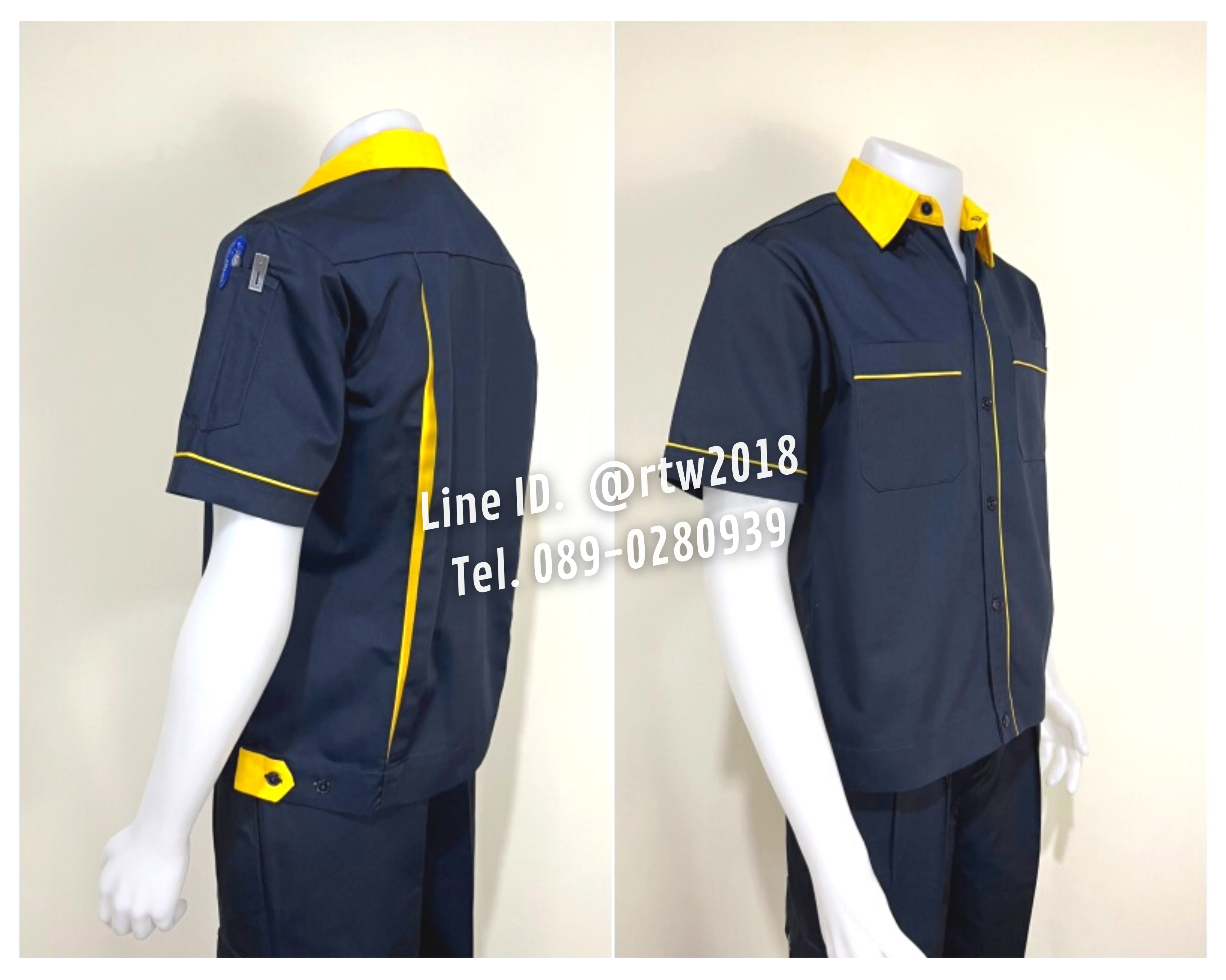 รหัส A6.7 : เสื้อช่างแขนสั้นผ้าคอมทวิวสีกรมท่ากุ้นเหลือง