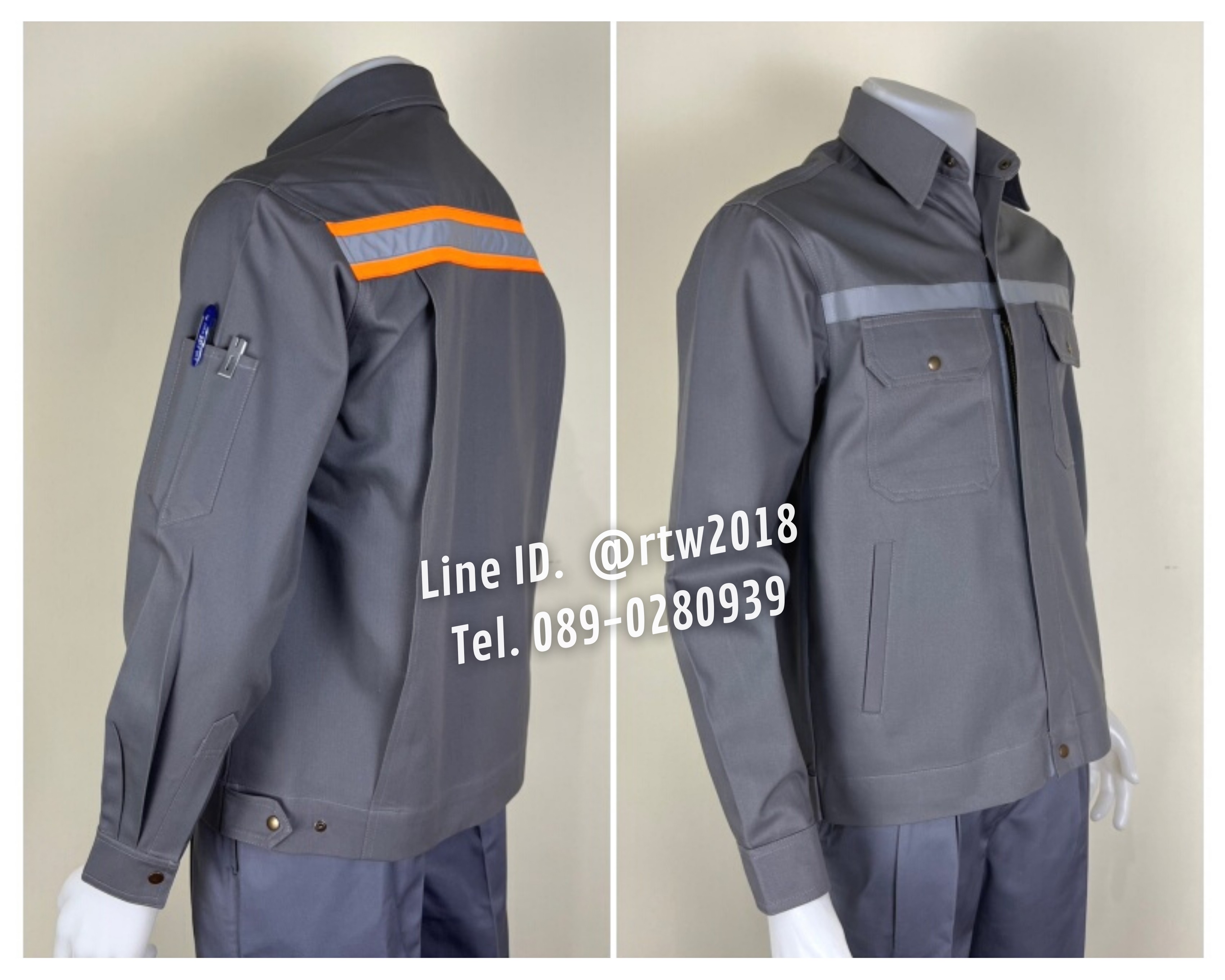 รหัส AB22.1 : เสื้อช่างแจ็คเก็ตแขนยาวผ้าเวสปอยท์สีเทา 4 กระเป๋า (ติดสะท้อนแสงเงิน+ส้ม)