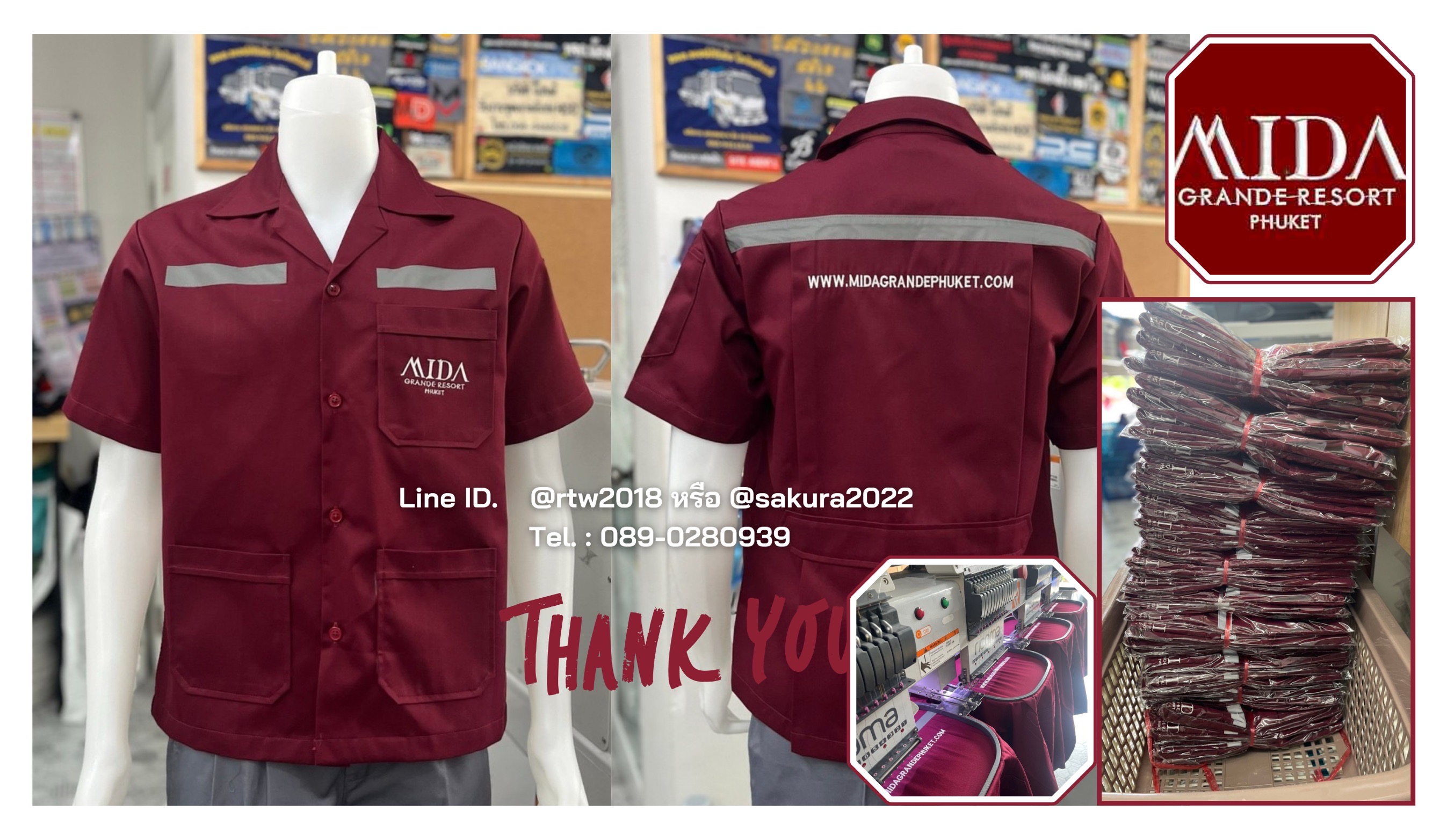 เสื้อช่างแขนสั้นผ้าคอมทวิวสามกระเป๋าสีเลือดหมูล้วน (ขอบคุณ17)