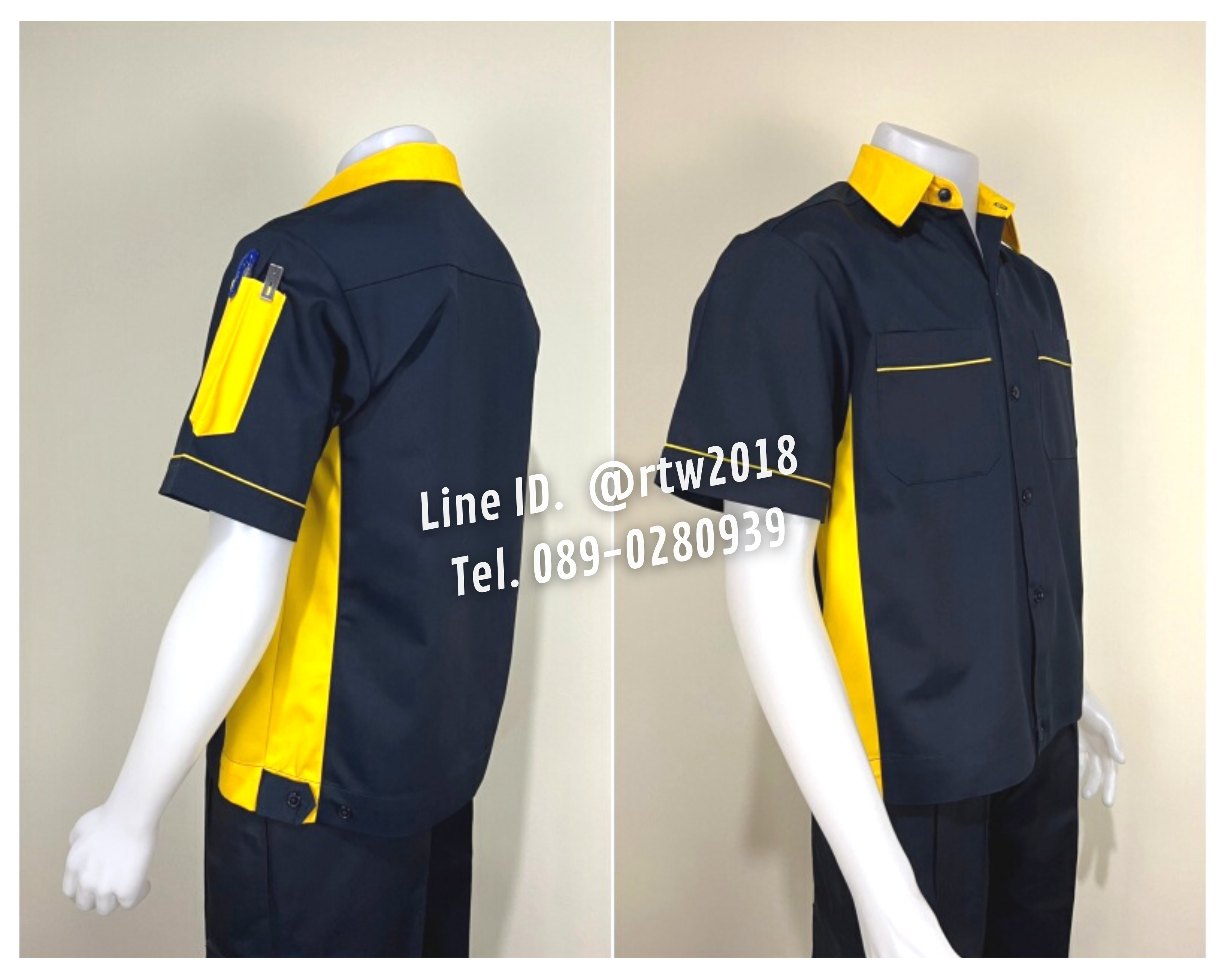 รหัส A12.8 : เสื้อช่างแขนสั้นผ้าคอมทวิวสีกรมท่าข้างเหลือง