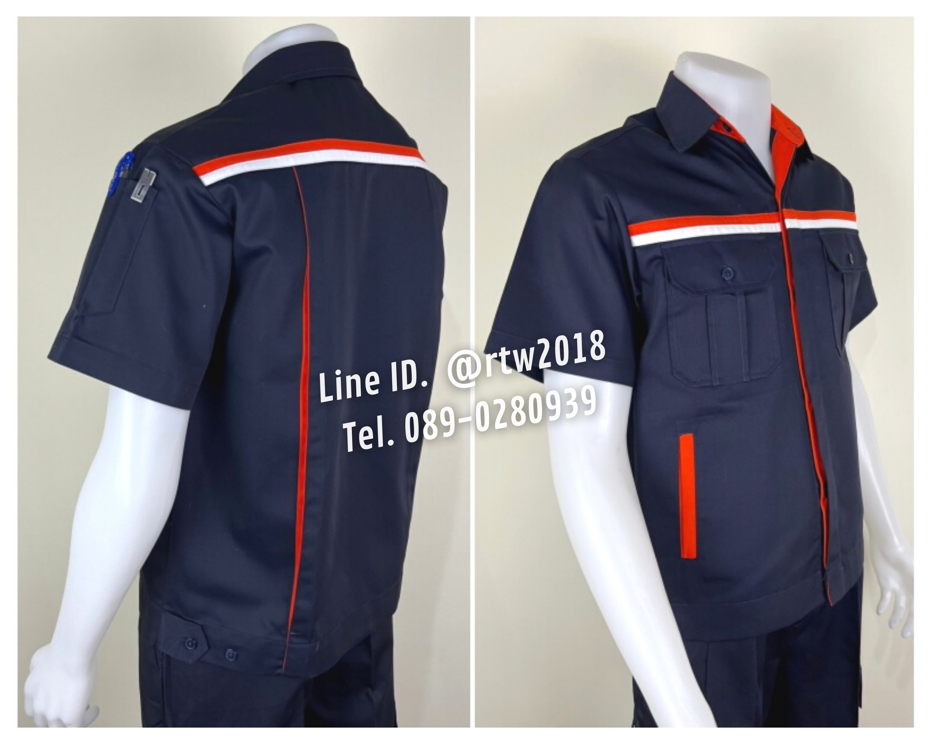 รหัส A32 : เสื้อช่างแขนสั้นผ้าคอมทวิว 4 กระเป๋า สีกรมท่าแต่งส้มและขาว