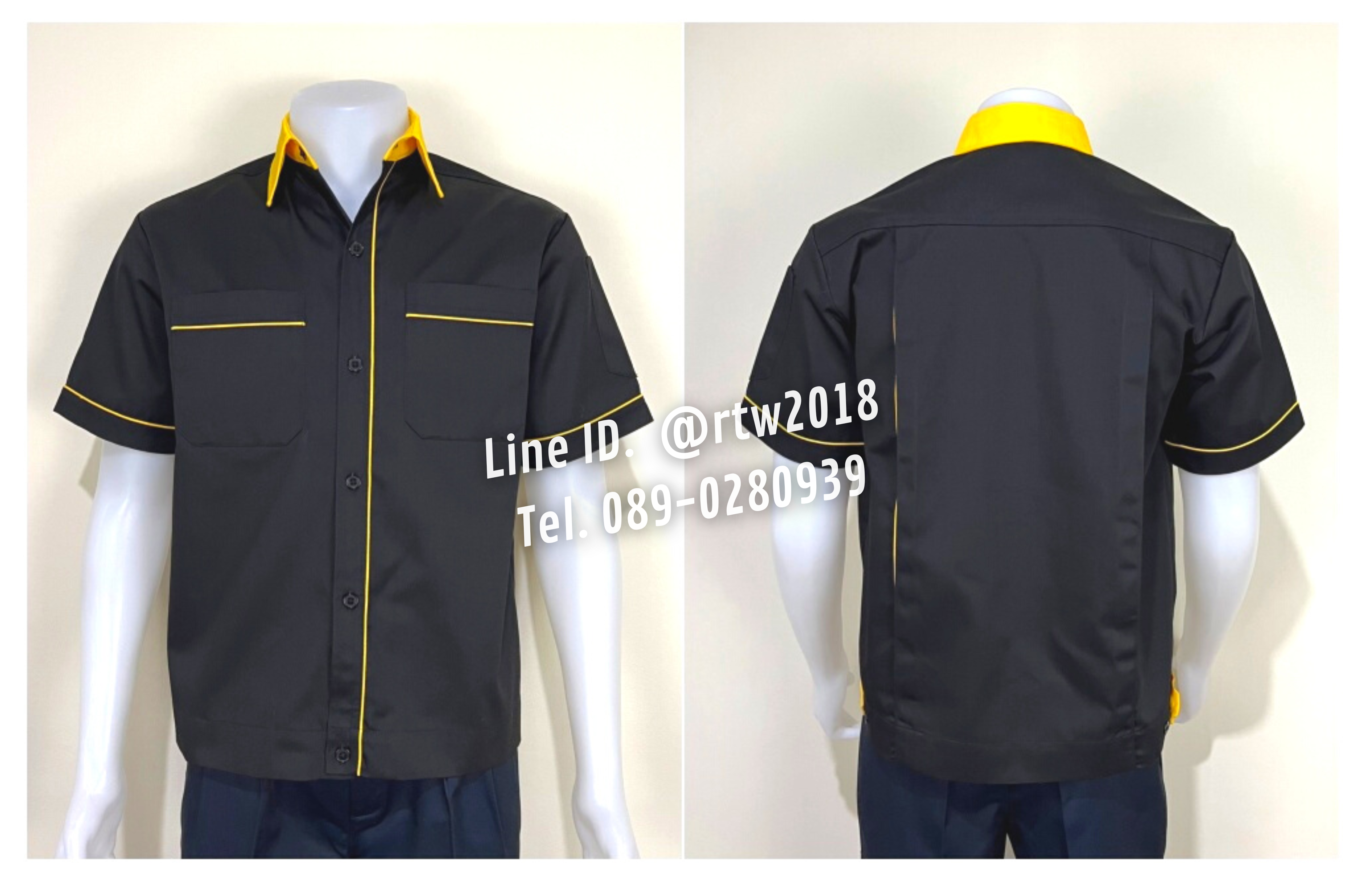 รหัส A7.7 : เสื้อช่างแขนสั้นผ้าคอมทวิวสีดำกุ้นเหลือง