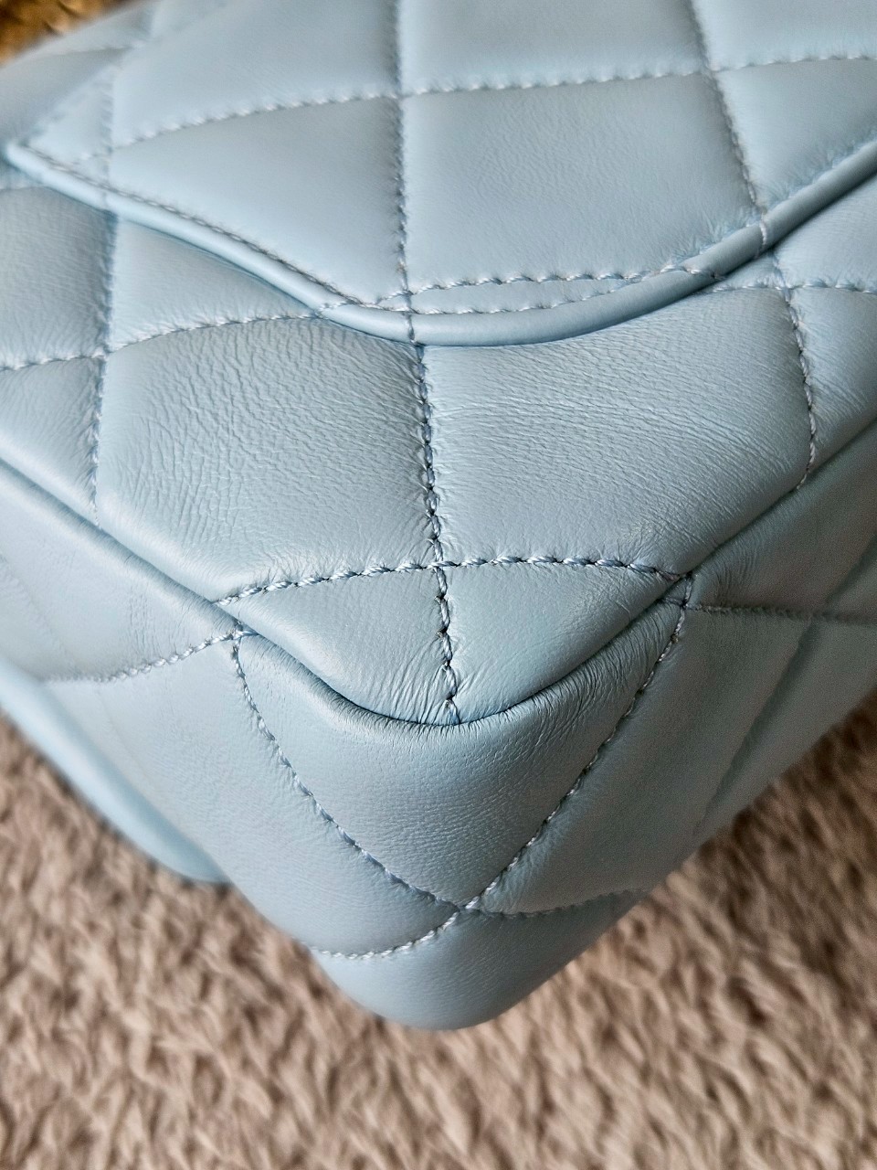 Chanel 22P Seasonal Mini Square Flap Bag Lambskin Light Blue And Enamel With Gold Hardware Metalplate