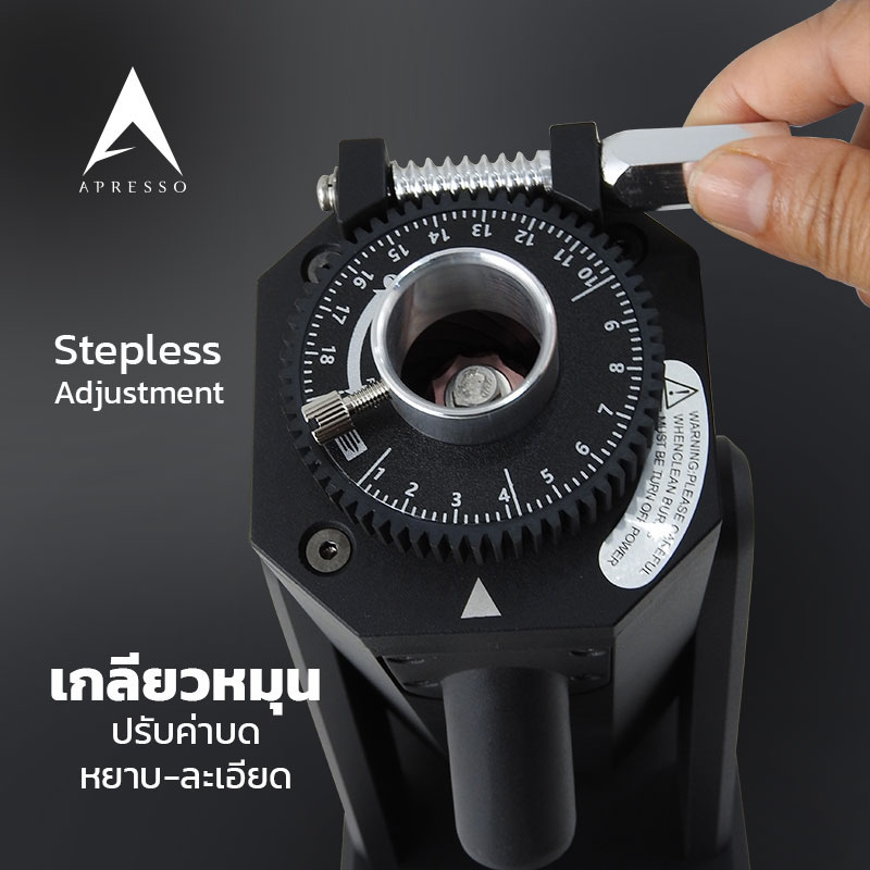 เครื่องบดกาแฟ APRESSO A1 PRO เฟืองบดคอปเปอร์ Ø40 มม. ปรับหยาบ–ละเอียด 19 ระดับ