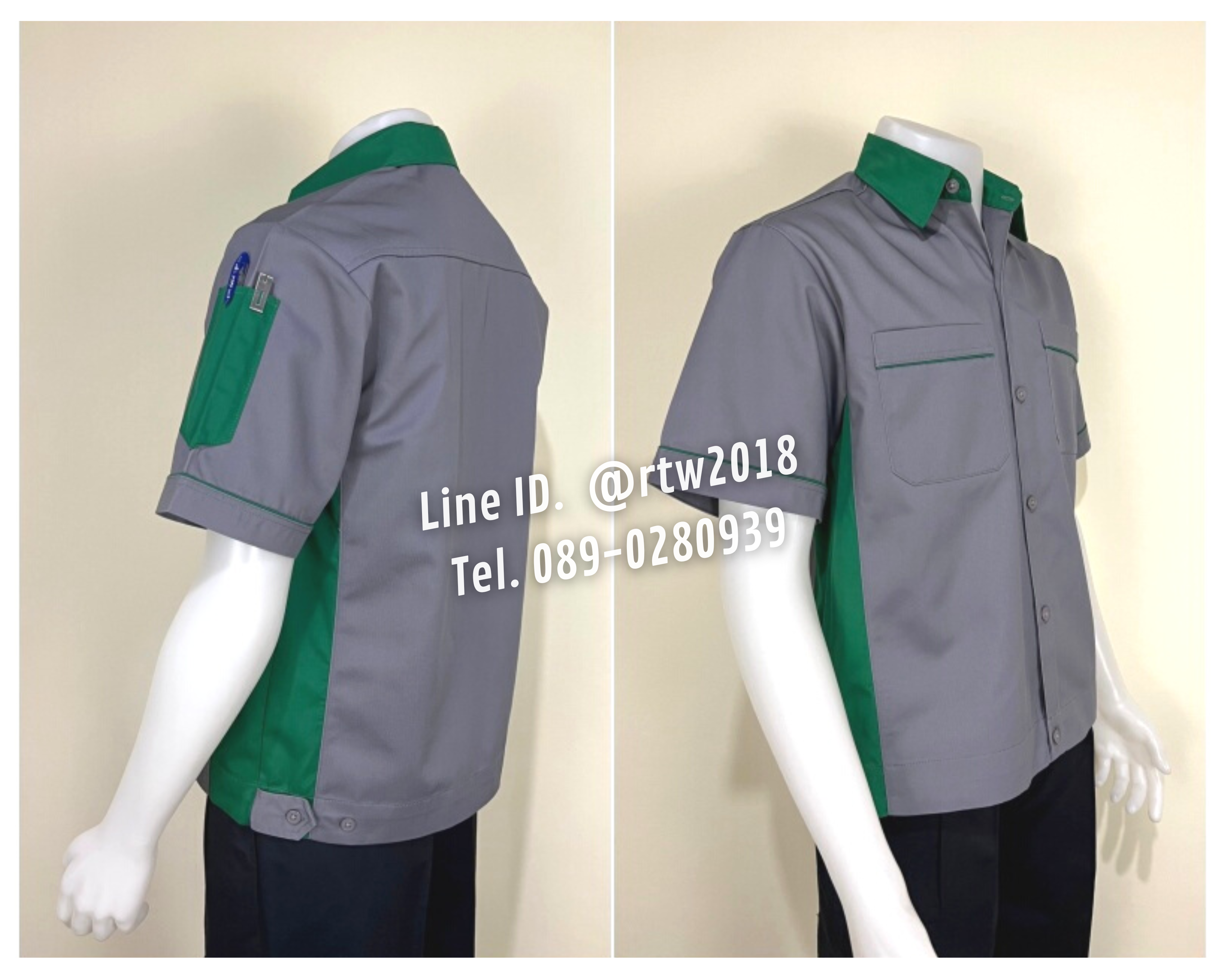 รหัส A11.6 : เสื้อช่างแขนสั้นผ้าคอมทวิวสีเทาข้างเขียวเข้ม