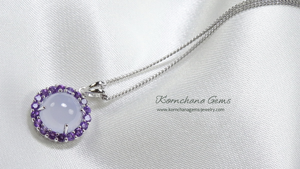 สร้อยคอพร้อมจี้พลอยแท้ พลอยโมราหลังเบี้ยสีฟ้า blue chalcydony ล้อมพลอยอเมทิสท์สีม่วง พร้อมสร้อยเงินแท้ พลอยสีฟ้าอัญมณีคนเกิดวันศุกร์