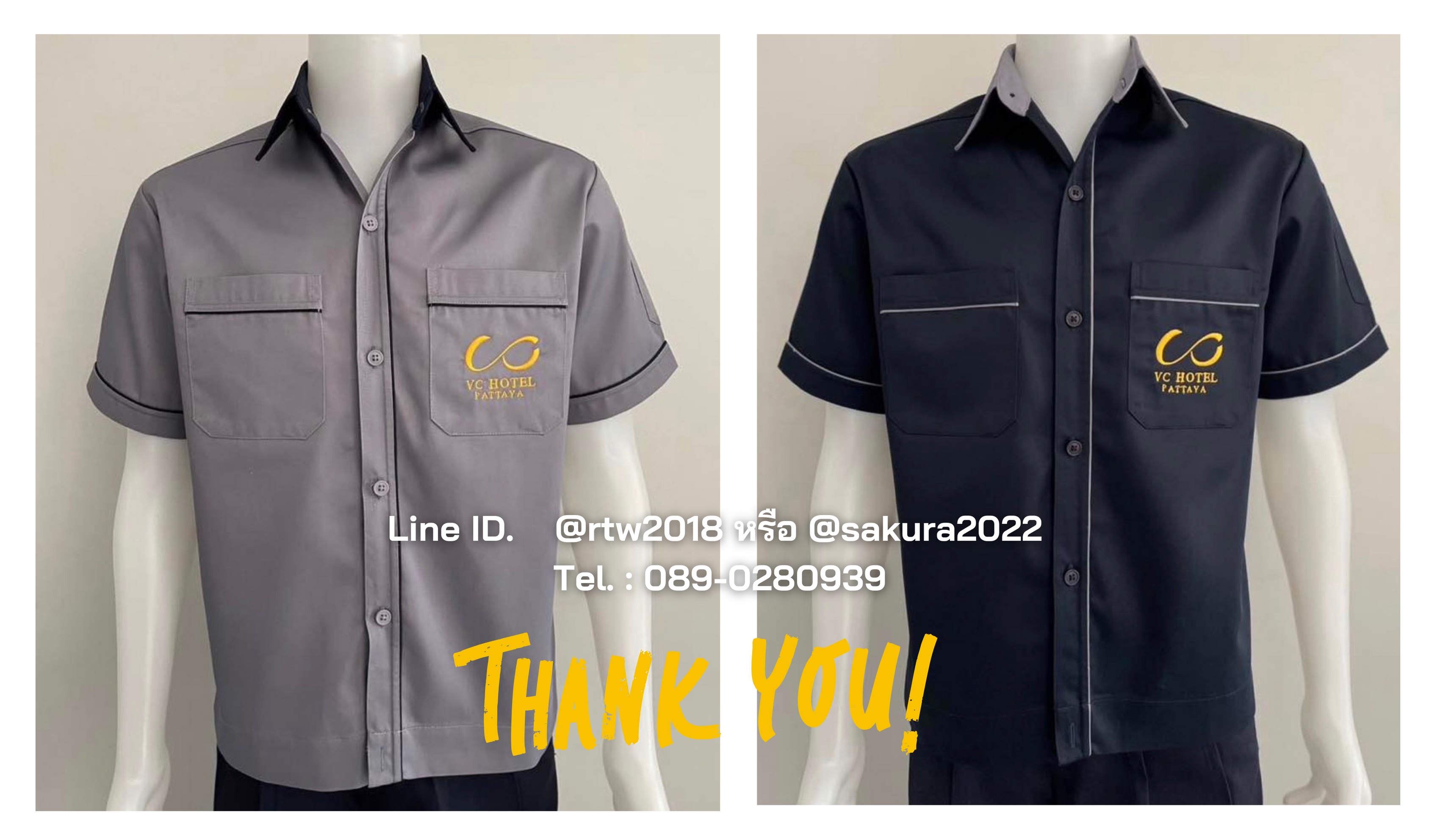 รหัส A5.5 : เสื้อช่างแขนสั้นผ้าคอมทวิวสีเทากุ้นกรมท่า