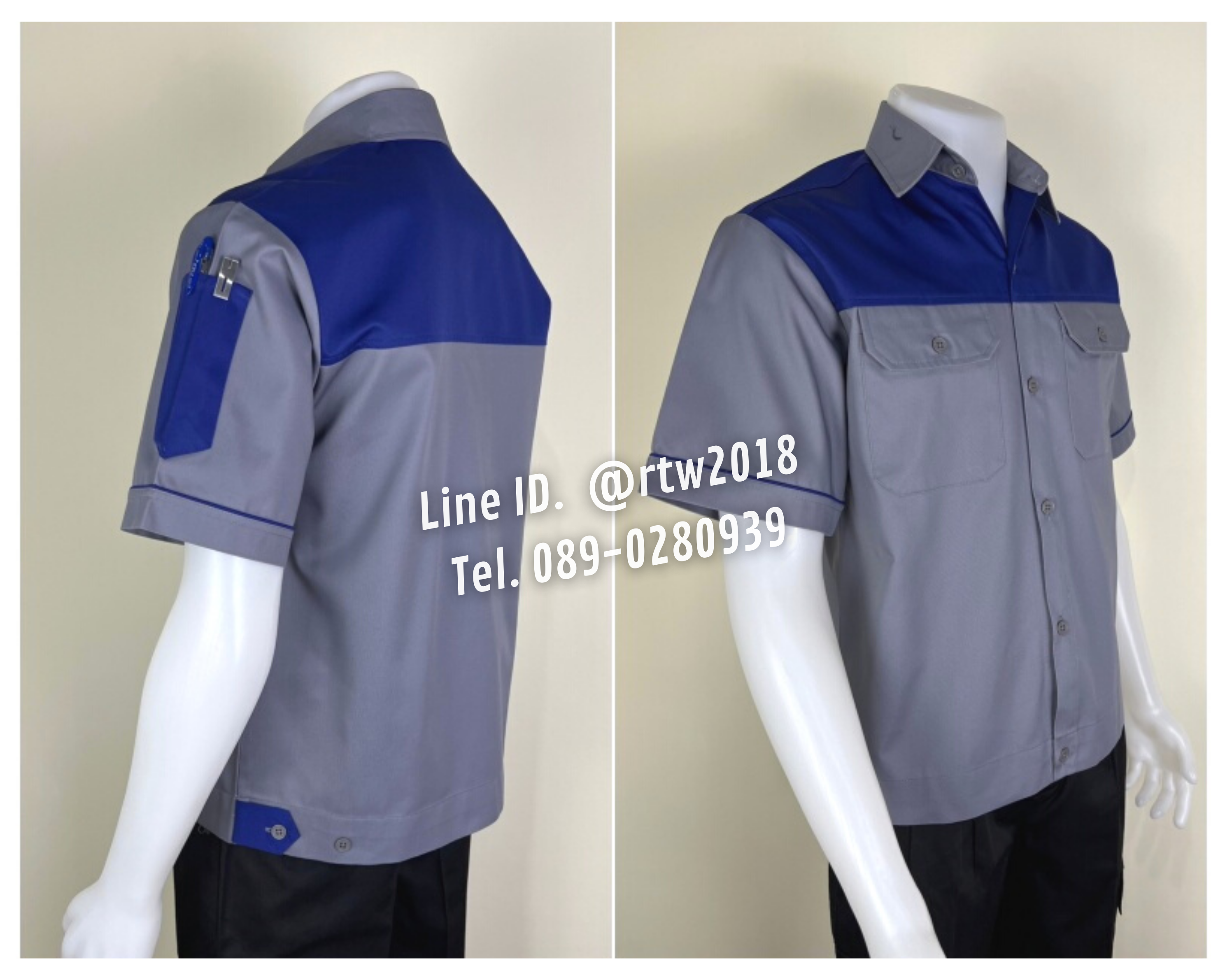 รหัส A22.1 : เสื้อช่างแขนสั้นผ้าคอมทวิวเทาอกน้ำเงิน