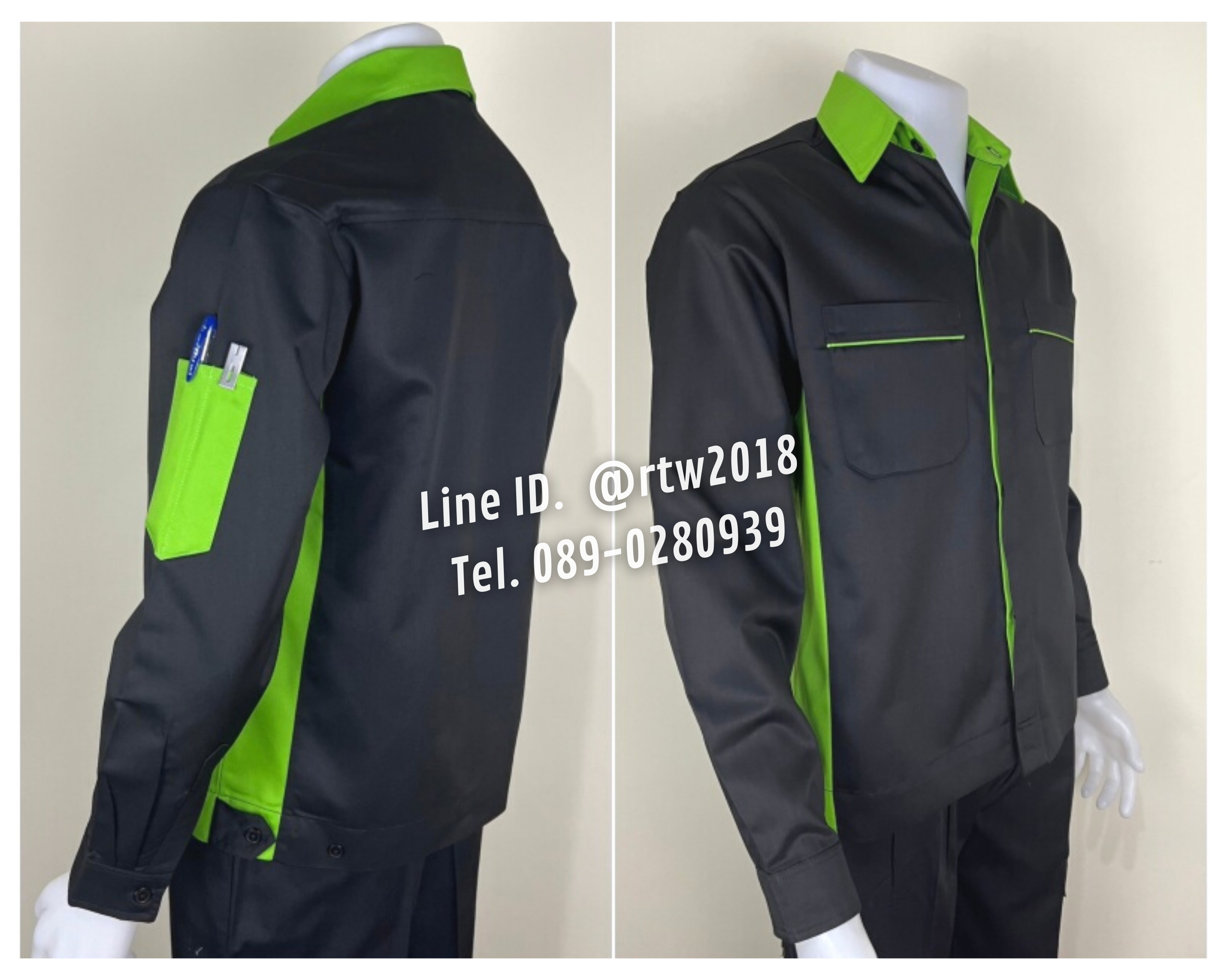 รหัส AB11.3 : เสื้อช่างแขนยาวผ้าคอมทวิวสีดำข้างเขียวอ่อน (ซ่อนสาบ)