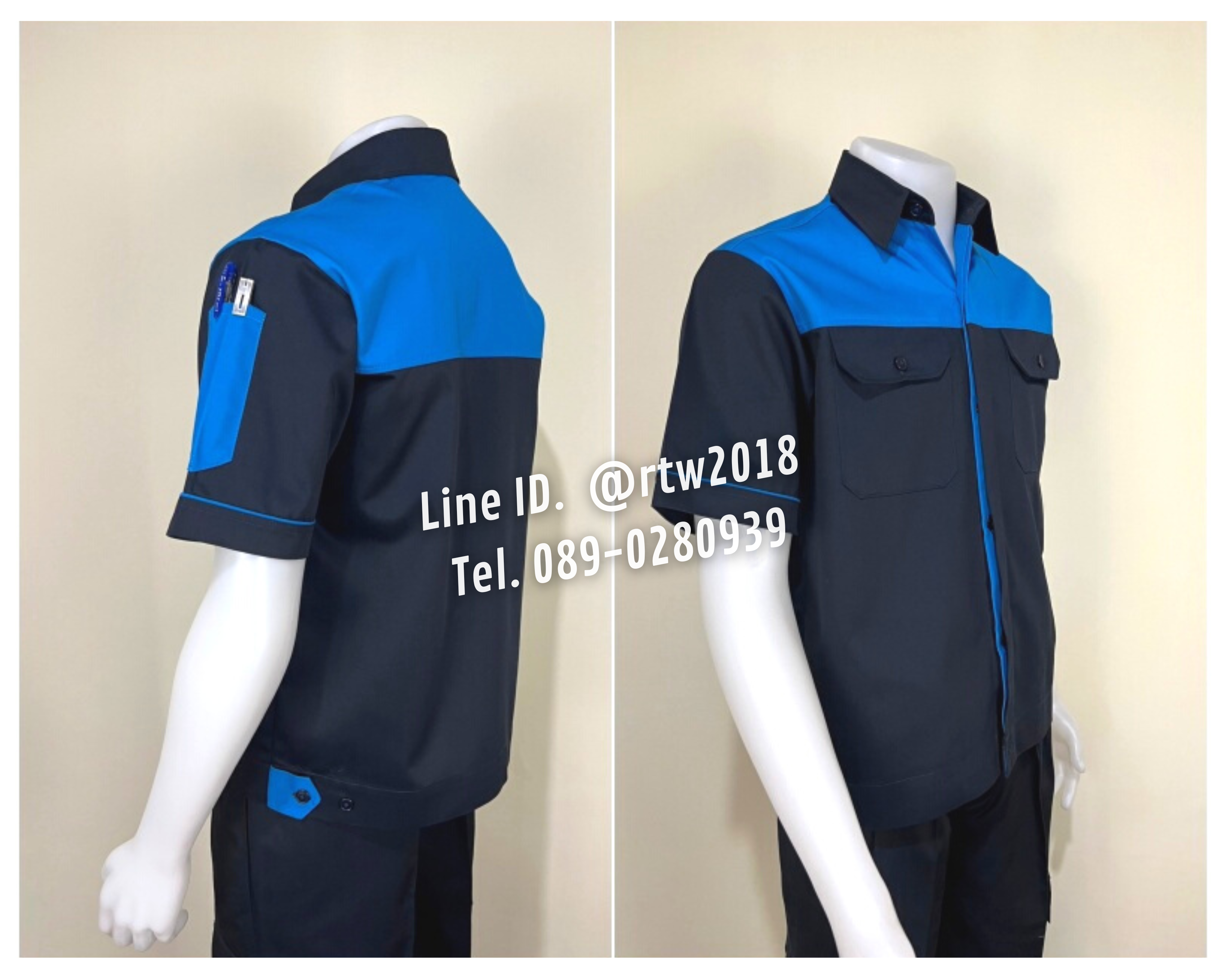 รหัส A9.2 : เสื้อช่างแขนสั้นผ้าคอมทวิวกรมท่าอกฟ้าเข้ม (ซ่อนสาบ)