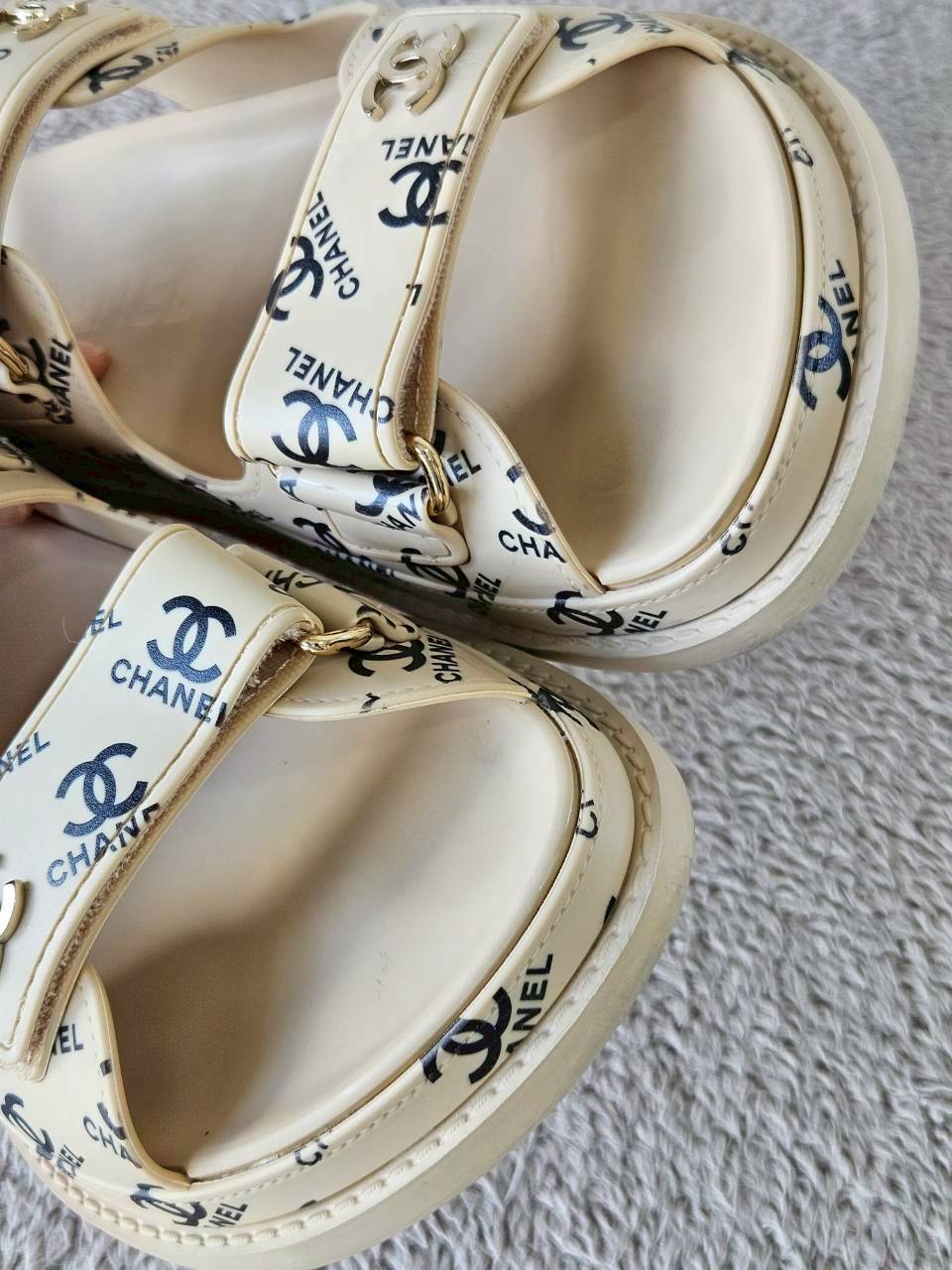 Chanel CC Dad Sandals In Rubber with God Hardware Beige