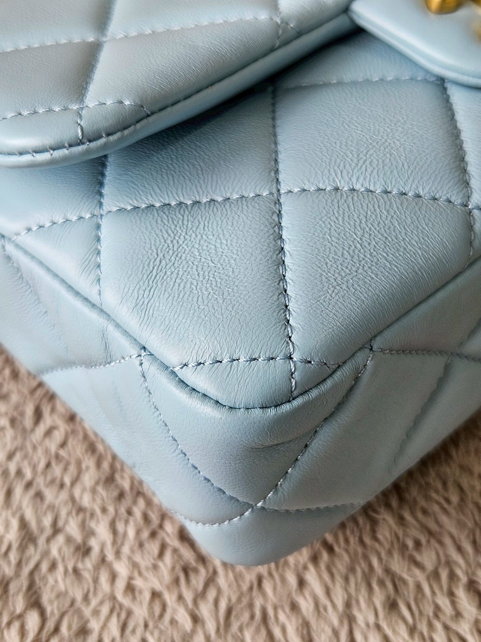 Chanel 22P Seasonal Mini Square Flap Bag Lambskin Light Blue And Enamel With Gold Hardware Metalplate