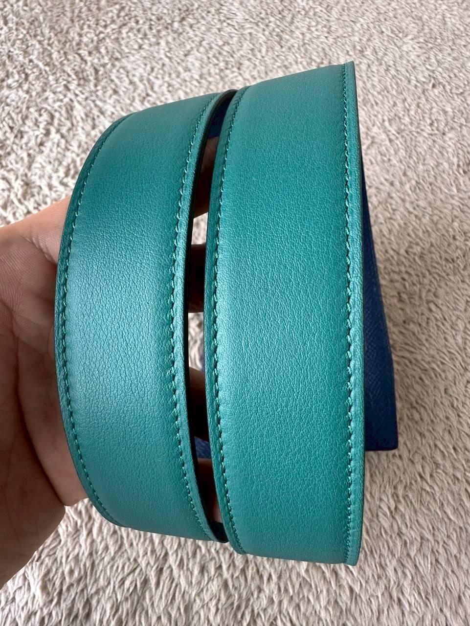 Hermes Belt สายสีเขียว/น้ำเงิน หัวกลมทอง