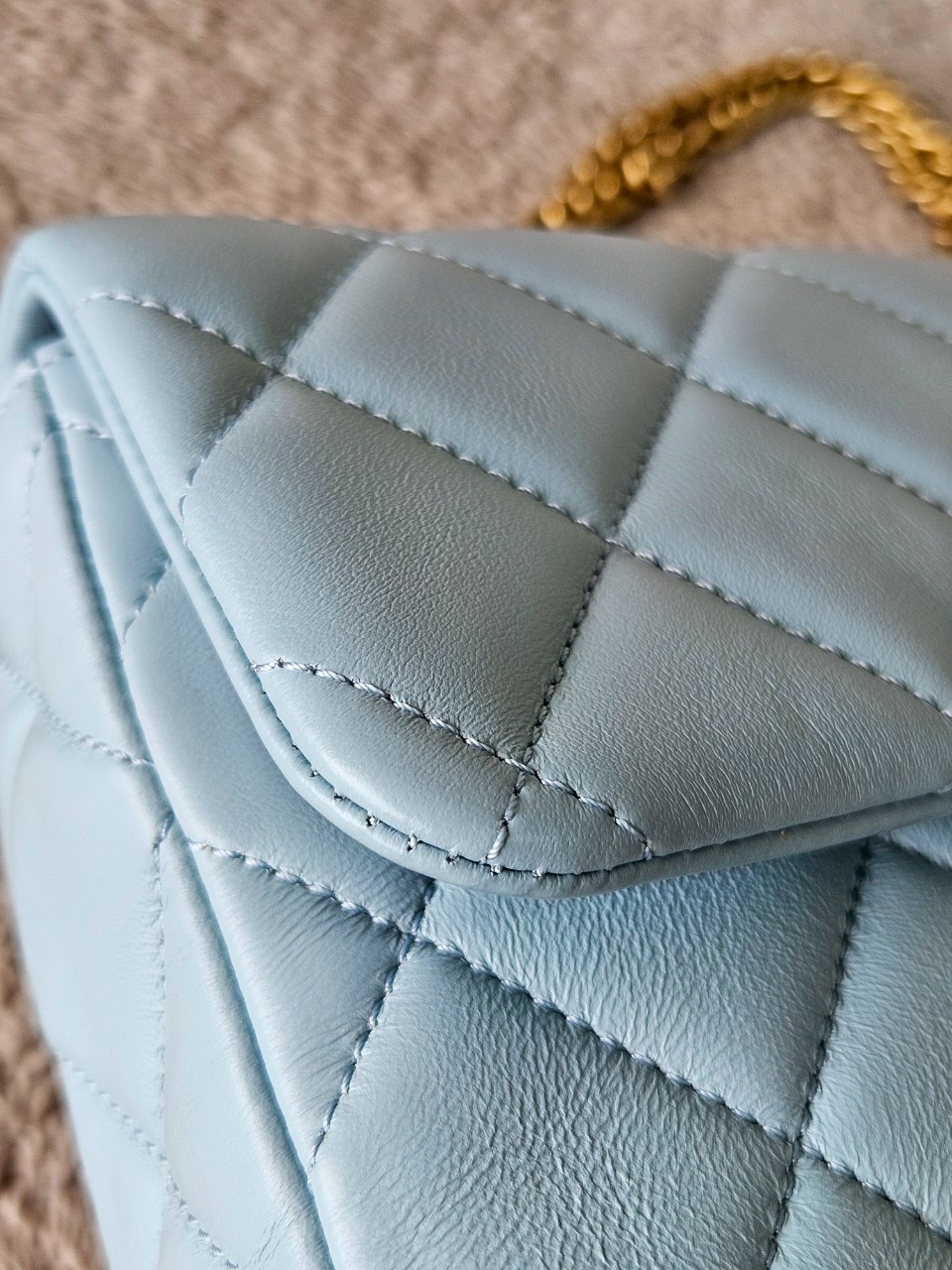 Chanel 22P Seasonal Mini Square Flap Bag Lambskin Light Blue And Enamel With Gold Hardware Metalplate