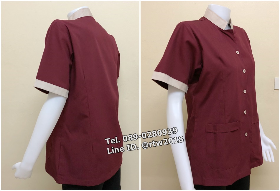 รหัส C7 : เสื้อแม่บ้านคอจีนแขนสั้นสีเลือดหมู/ครีม