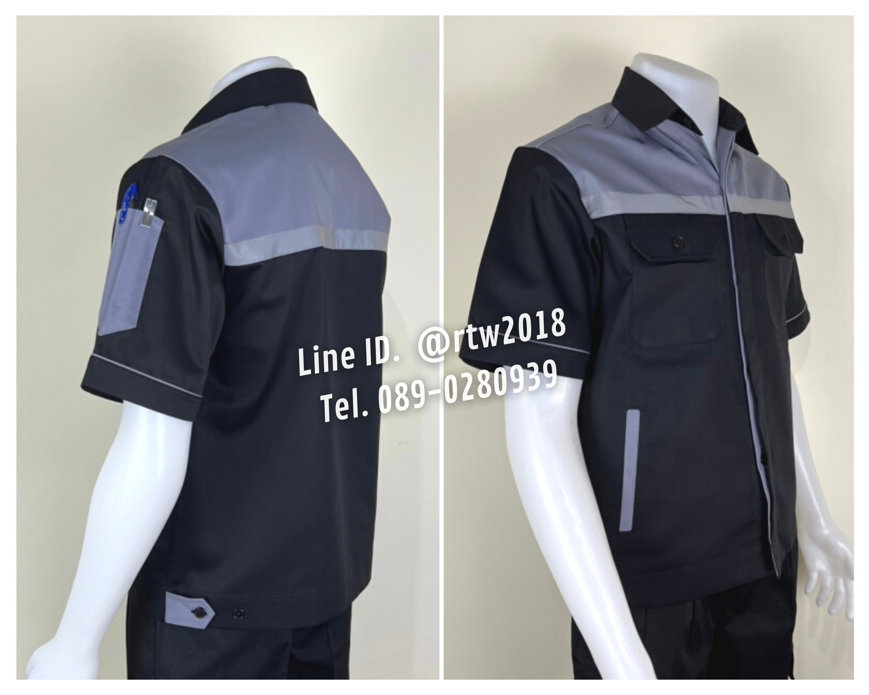 รหัส A35.2 : เสื้อช่างแขนสั้นผ้าคอมทวิว 4 กระเป๋า สีดำอกเทา (ติดสะท้อนแสง)