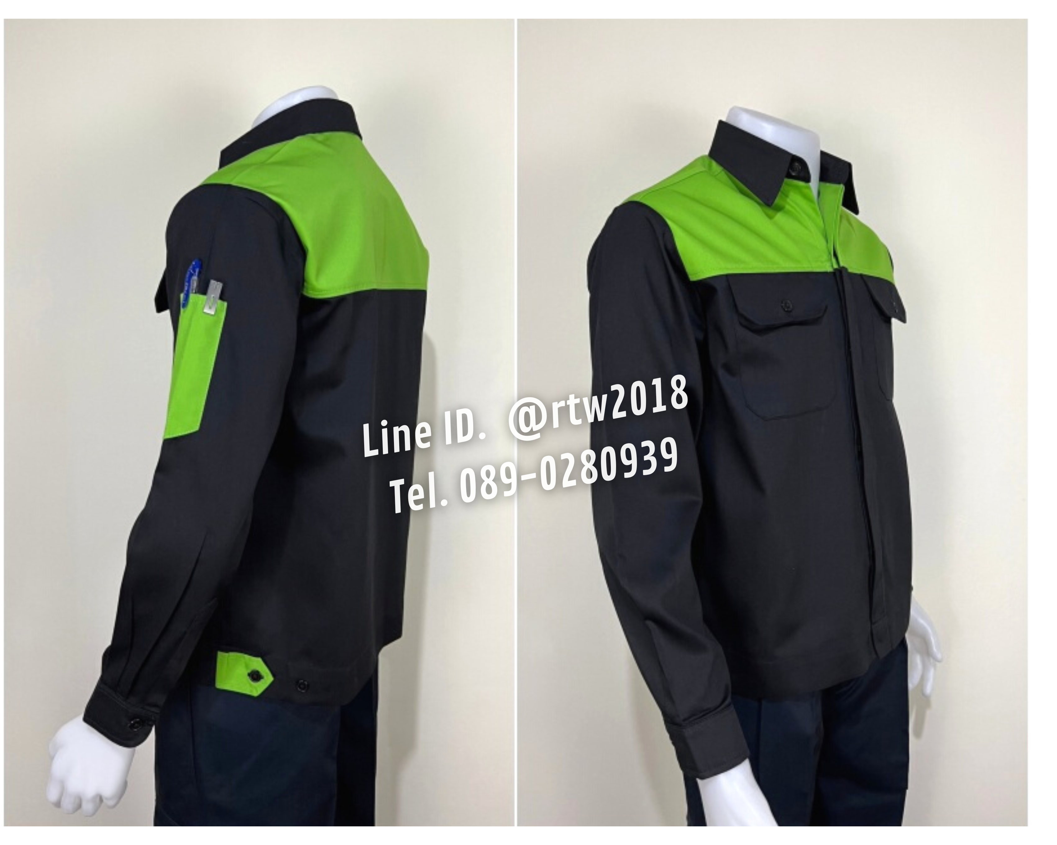 รหัส AB4.5 : เสื้อช่างแขนยาวผ้าคอมทวิวดำอกเขียว (ซ่อนสาบ)