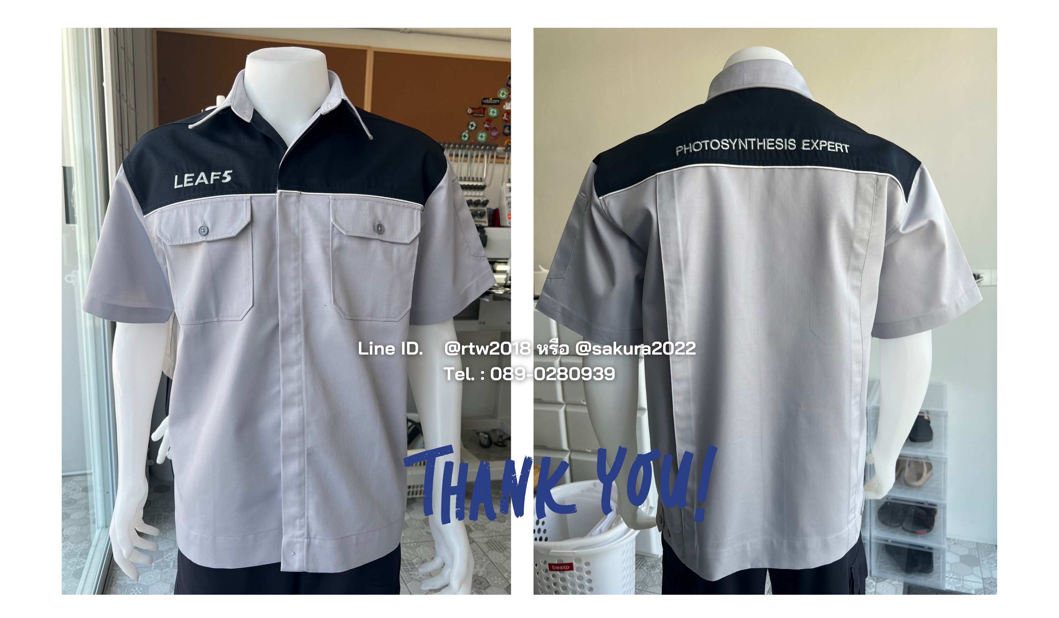 รหัส A21 : เสื้อช่างแขนสั้นผ้าคอมทวิวสีกรมท่าอกเทาอ่อนกุ้นส้ม (ซ่อนสาบ) (วอลโว่)