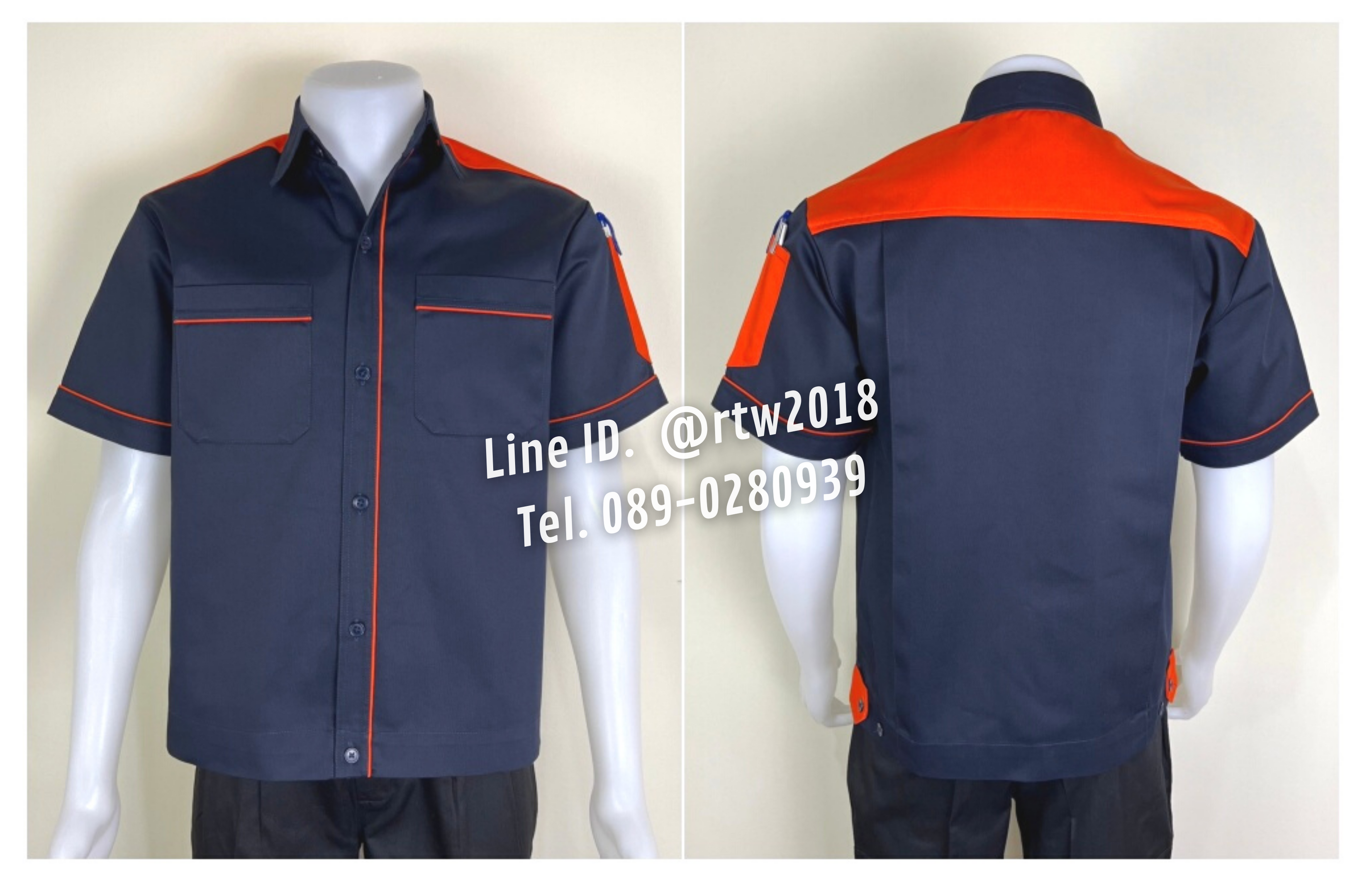 รหัส A31.1 : เสื้อช่างแขนสั้นผ้าคอมทวิวสีกรมท่าบ่าส้ม
