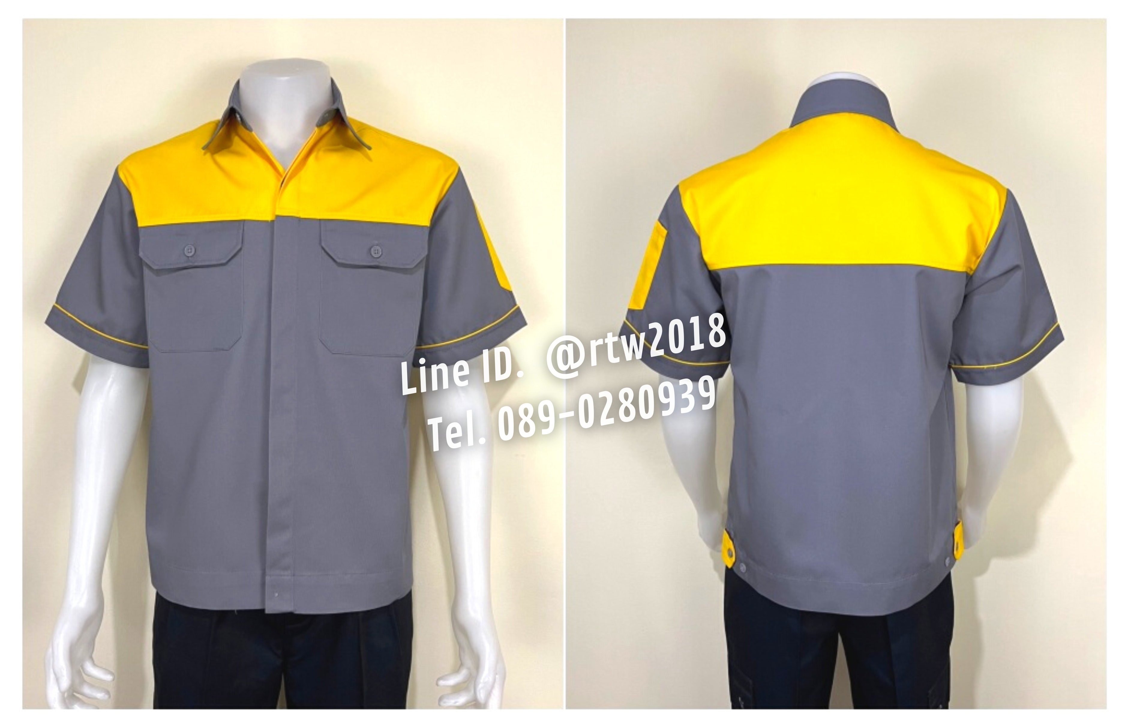 รหัส A8.6 : เสื้อช่างแขนสั้นผ้าคอมทวิวเทาอกเหลือง (ซ่อนสาบ)