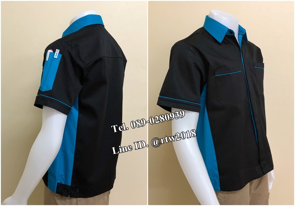 เสื้อช็อปแขนสั้นแบบดำข้างฟ้ากระดุมซ่อนสาบ (รหัส A86)