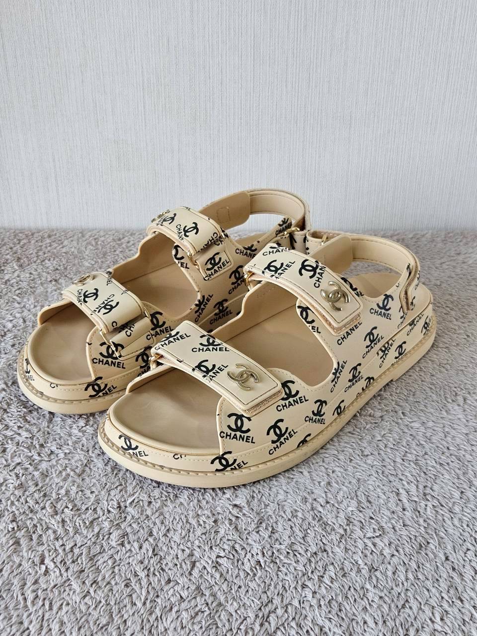 Chanel CC Dad Sandals In Rubber with God Hardware Beige