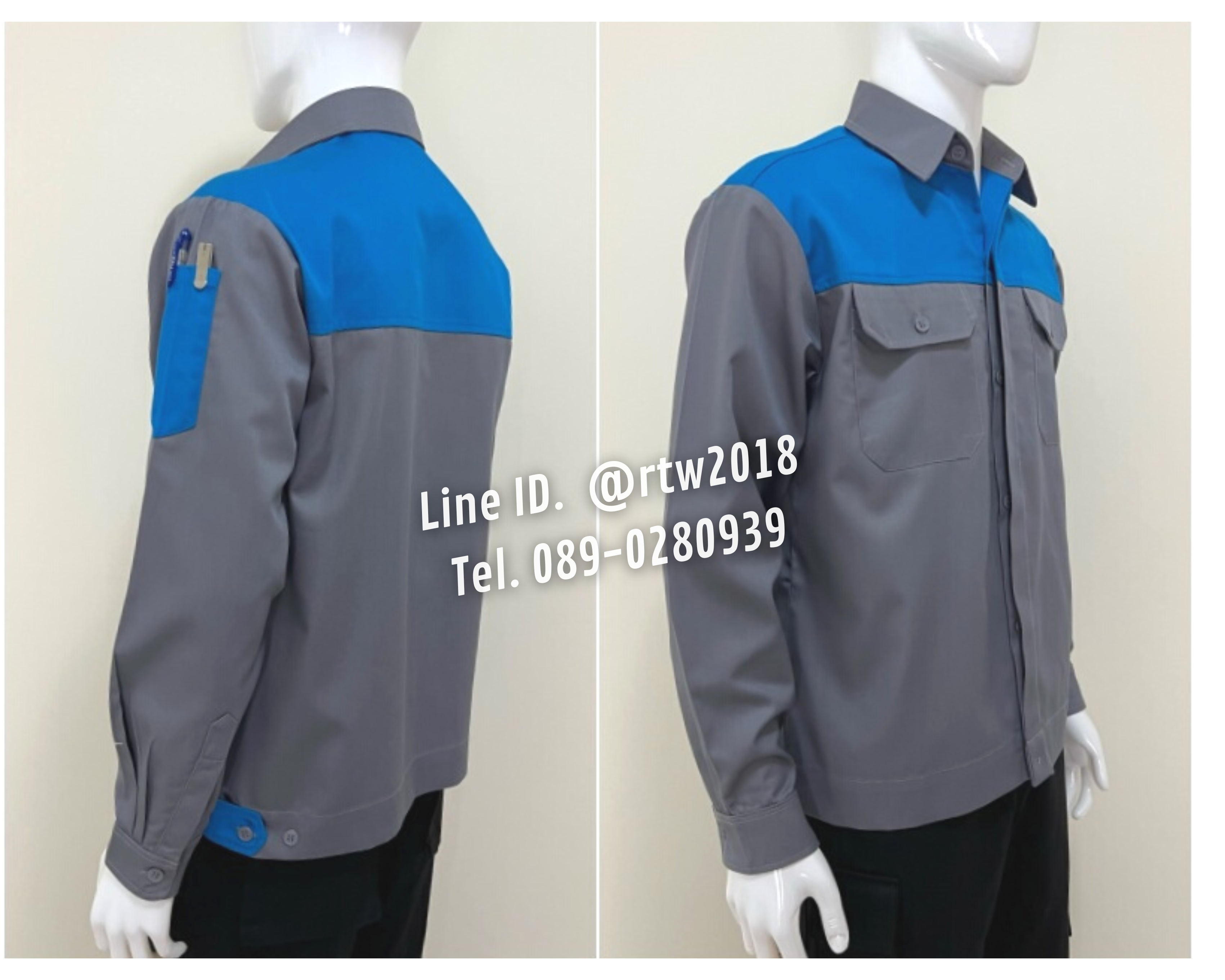 รหัส AB2.1 : เสื้อช่างแขนยาวผ้าคอมทวิวเทาอกฟ้าเข้ม (ซ่อนสาบ)