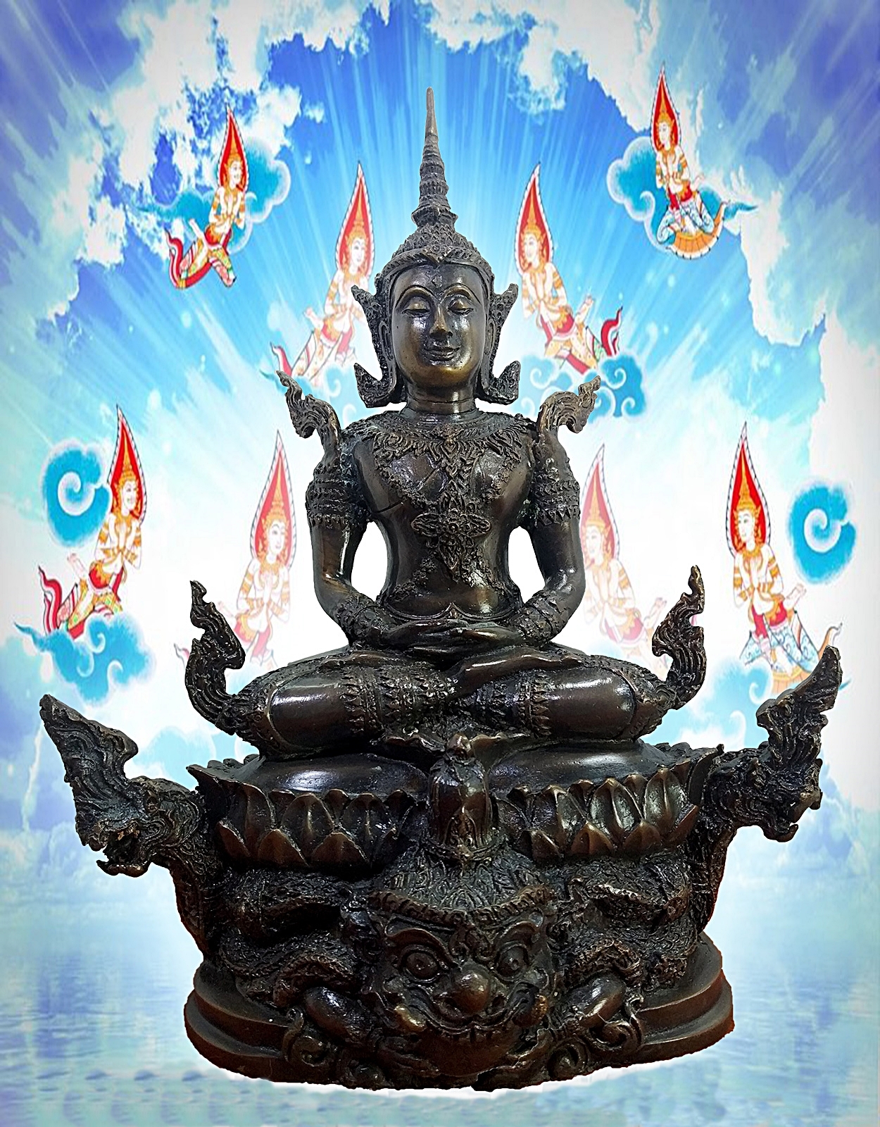 สมเด็จพระมหาจักรพรรดิ์ สมเด็จองค์ปฐม มหาจักรพรรดิทรงเครื่อง ประทับพระราหูนาคเกี้ยว เนื้อโลหะทองเหลือง ผิวมันปู