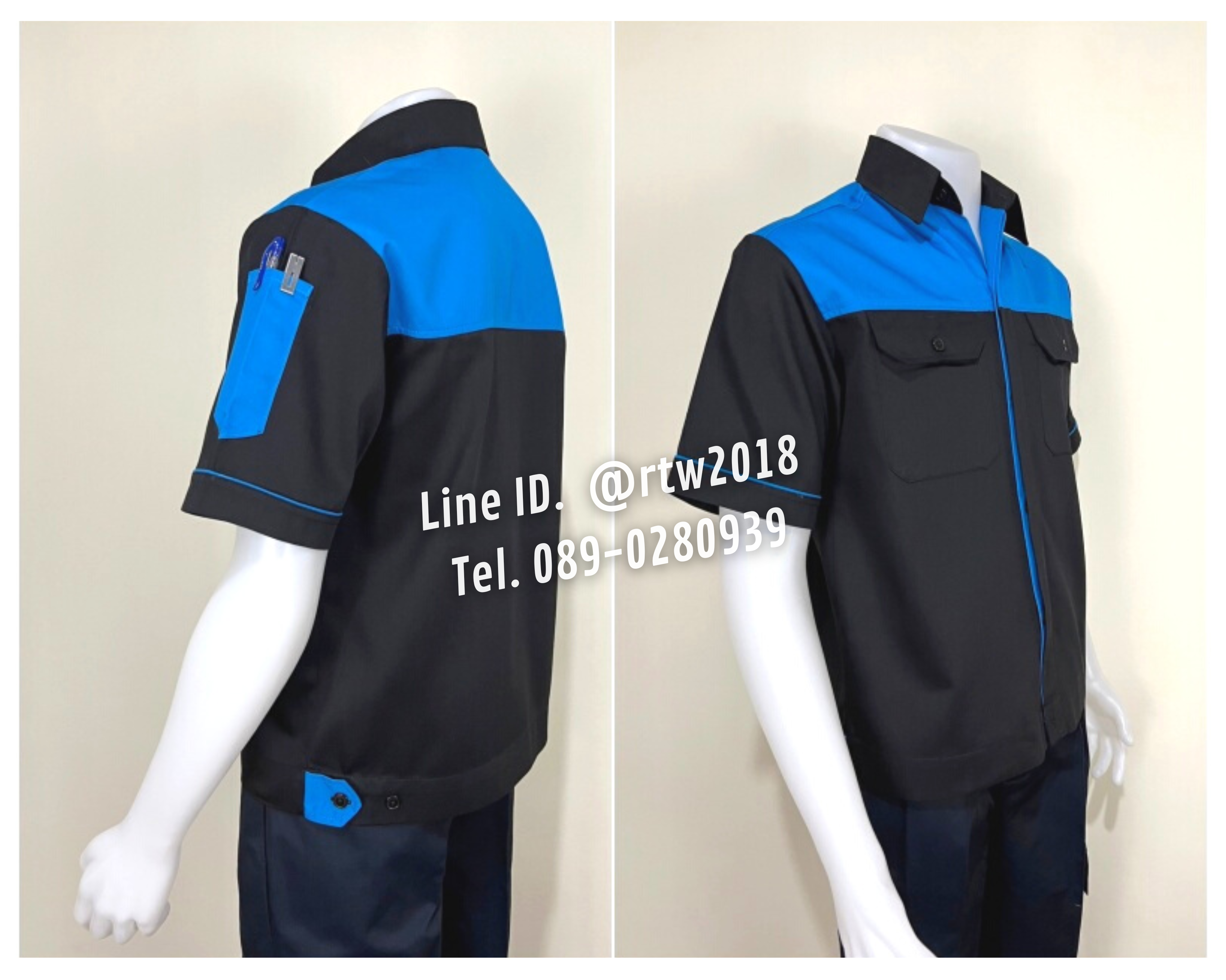 รหัส A10.2 : เสื้อช่างแขนสั้นผ้าคอมทวิวดำอกฟ้าเข้ม (ซ่อนสาบ)