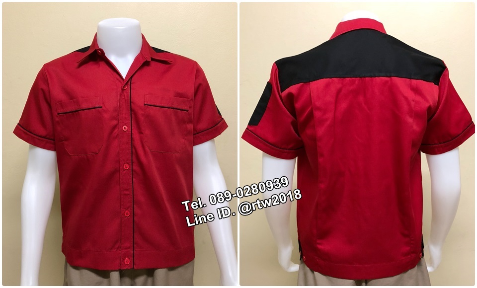 รหัส A42 : เสื้อช็อปแขนสั้นแบบแดงบ่าดำ