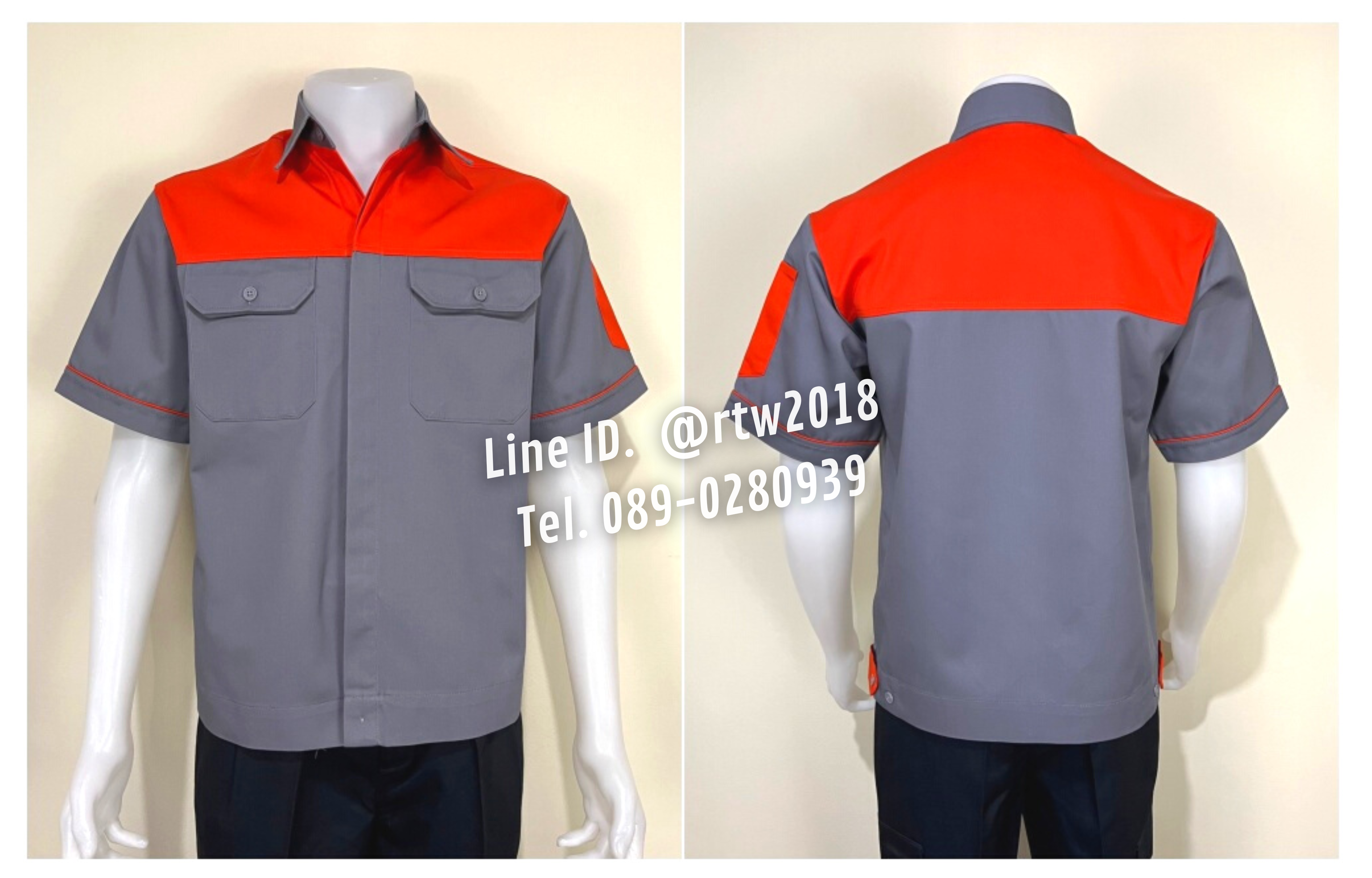 รหัส A8.7 : เสื้อช่างแขนสั้นผ้าคอมทวิวเทาอกส้ม (ซ่อนสาบ)