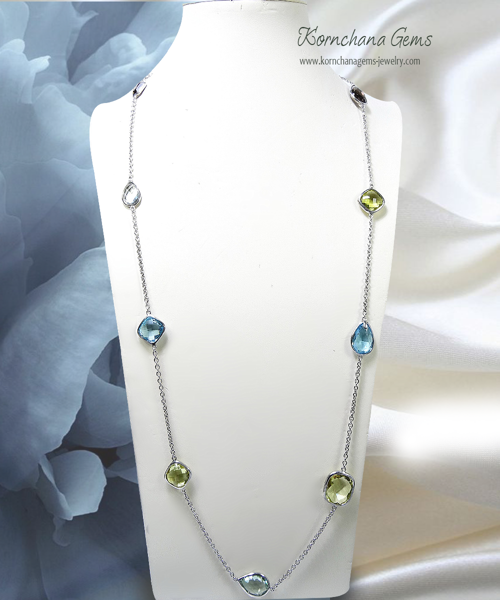 สร้อยคอพลอยแท้ สร้อยยาวแบบสวมหัวได้ โทนสีหวานๆด้วยม่วงอเมทิสท์สลับกรีนอเมทิสท์ และสกายบลูโทพาสสีฟ้าใส ตัวเรือนเงินแท้ สวมหัวได้เลยค่ะ